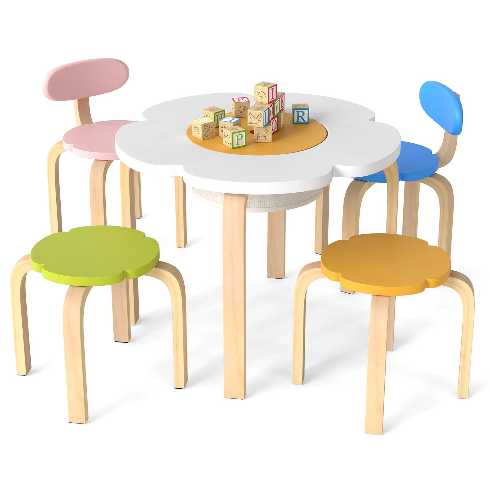 SUGIFT Flower-Shaped Wooden Children Play & Activity Table Set with 2 Chairs & 2 Stools 176-lb Tabletop Capacity Ages 3+