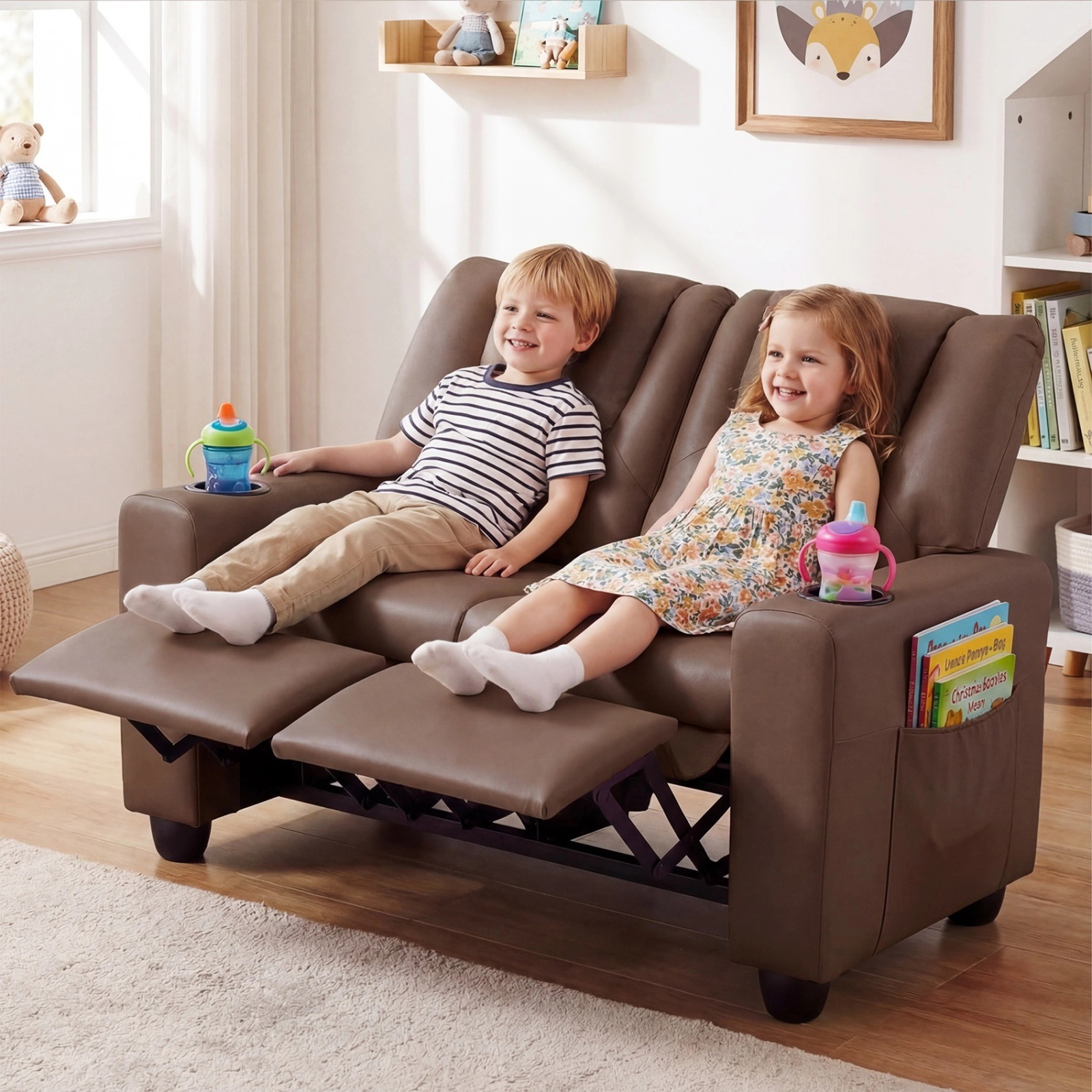 SUGIFT Adjustable 2-Seater Kids Recliner Toddler Sofa Chair with Cup Holders 330-lb Capacity Ages 3+ 38-in Wide Brown