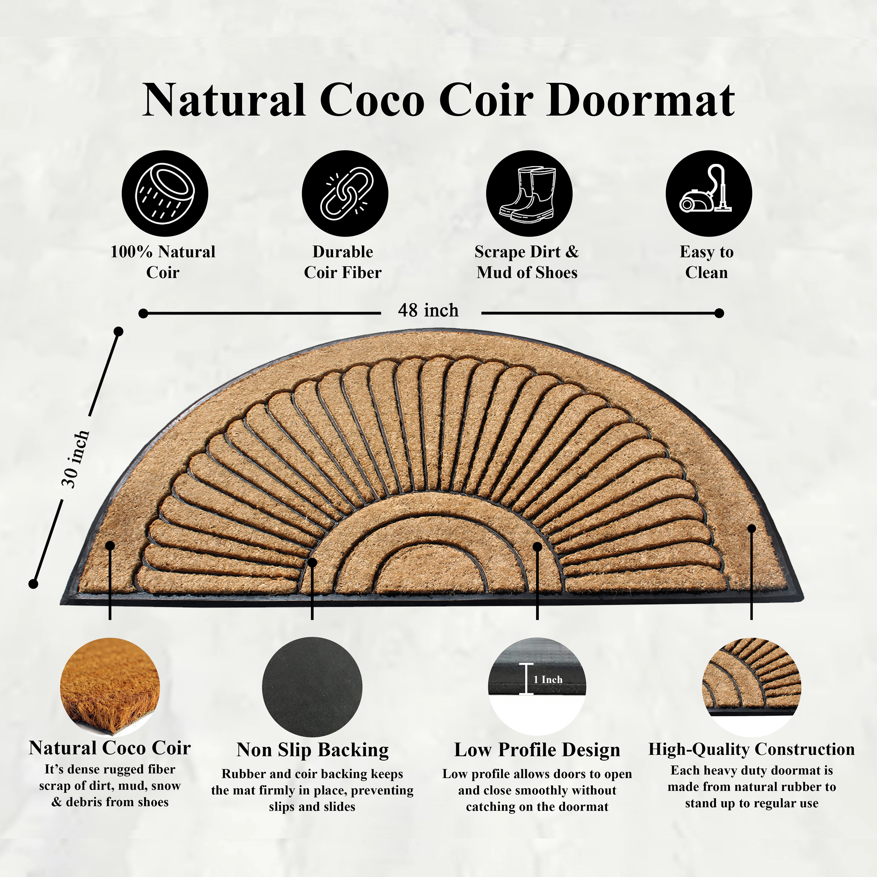 A1HC Coir and Rubber Door Mat 30x48 Inches Heavy Duty Durable Long-Lasting Sunburst Semicircle