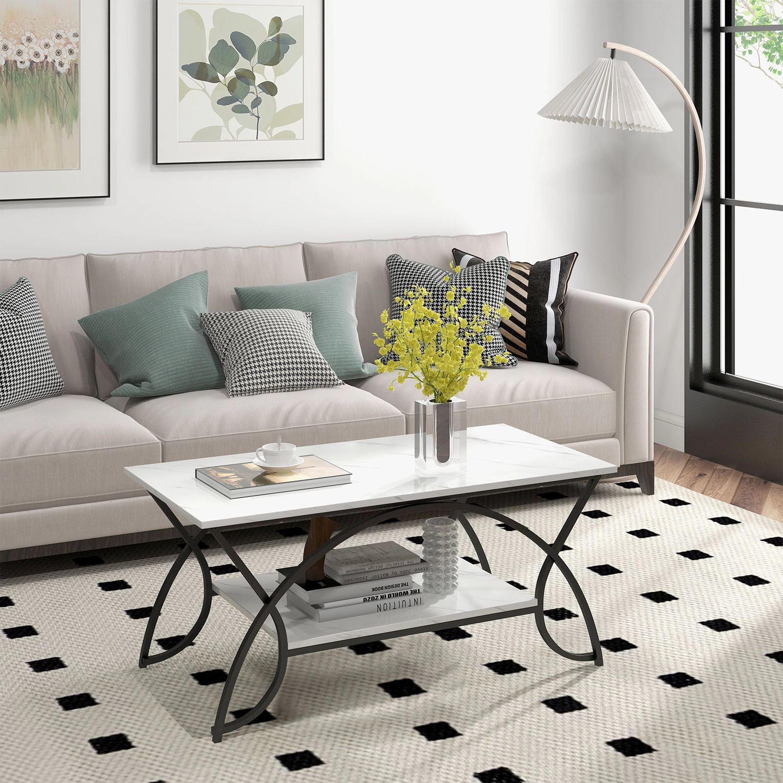 SlickBlue 2 Tier Coffee Table with Faux Marble Top and Metal Frame
