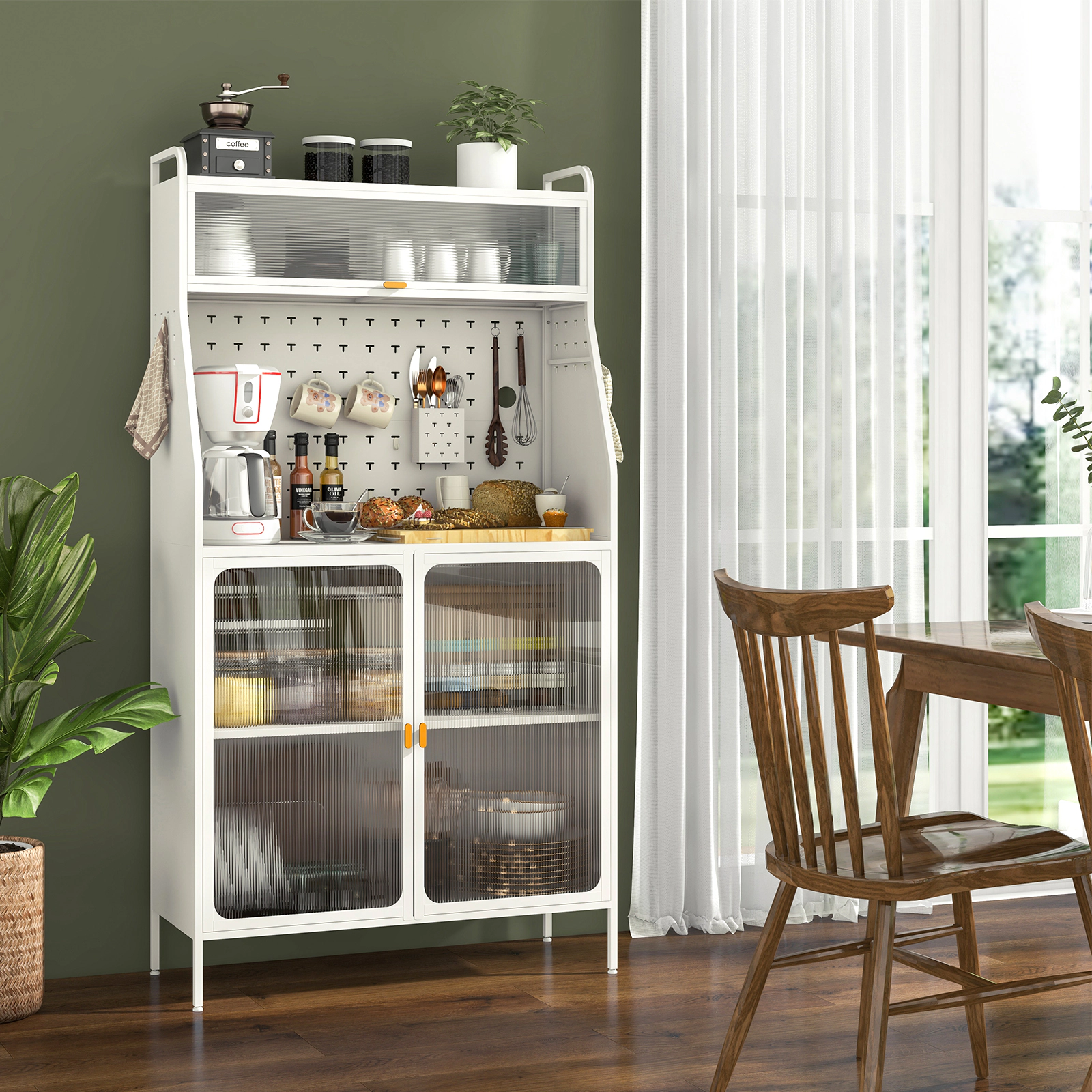 Hivvago 5-Tier Metal Baker'S Rack With See-Through Flip-Up Door And Pegboard-White