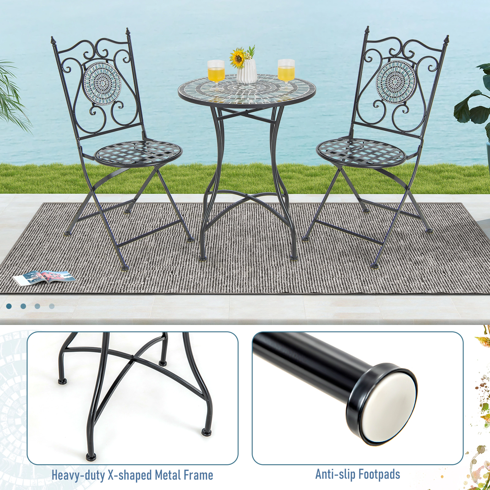 SUGIFT 24-In Round Patio Bistro Table with Ceramic Tile and Concrete Tabletop 110-Lb Capacity Blue