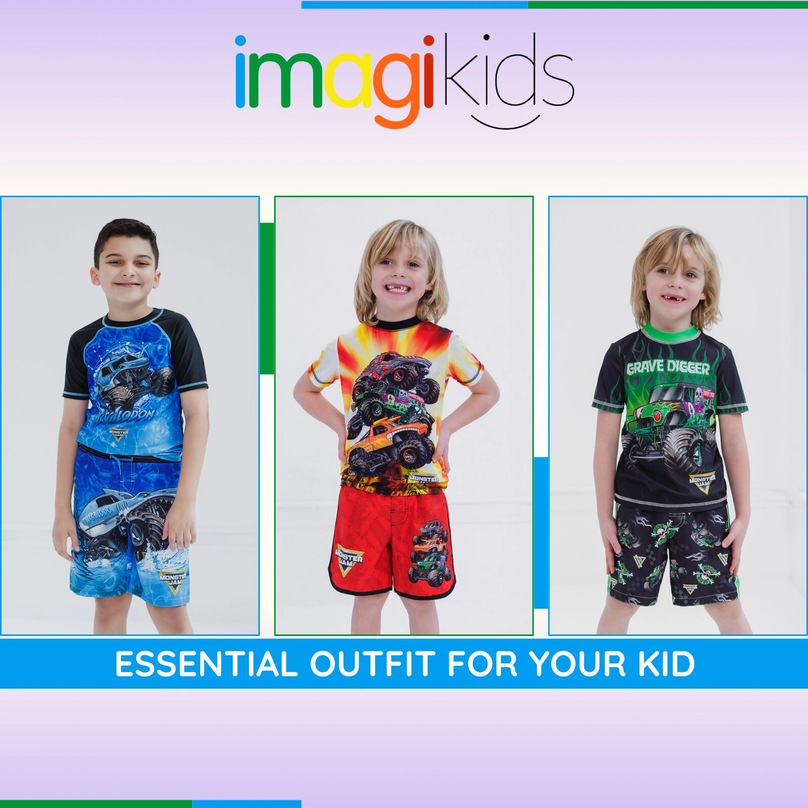 Monster Jam Boys' UPF 50+ 2-Piece Rash Guard and Swim Trunks Set