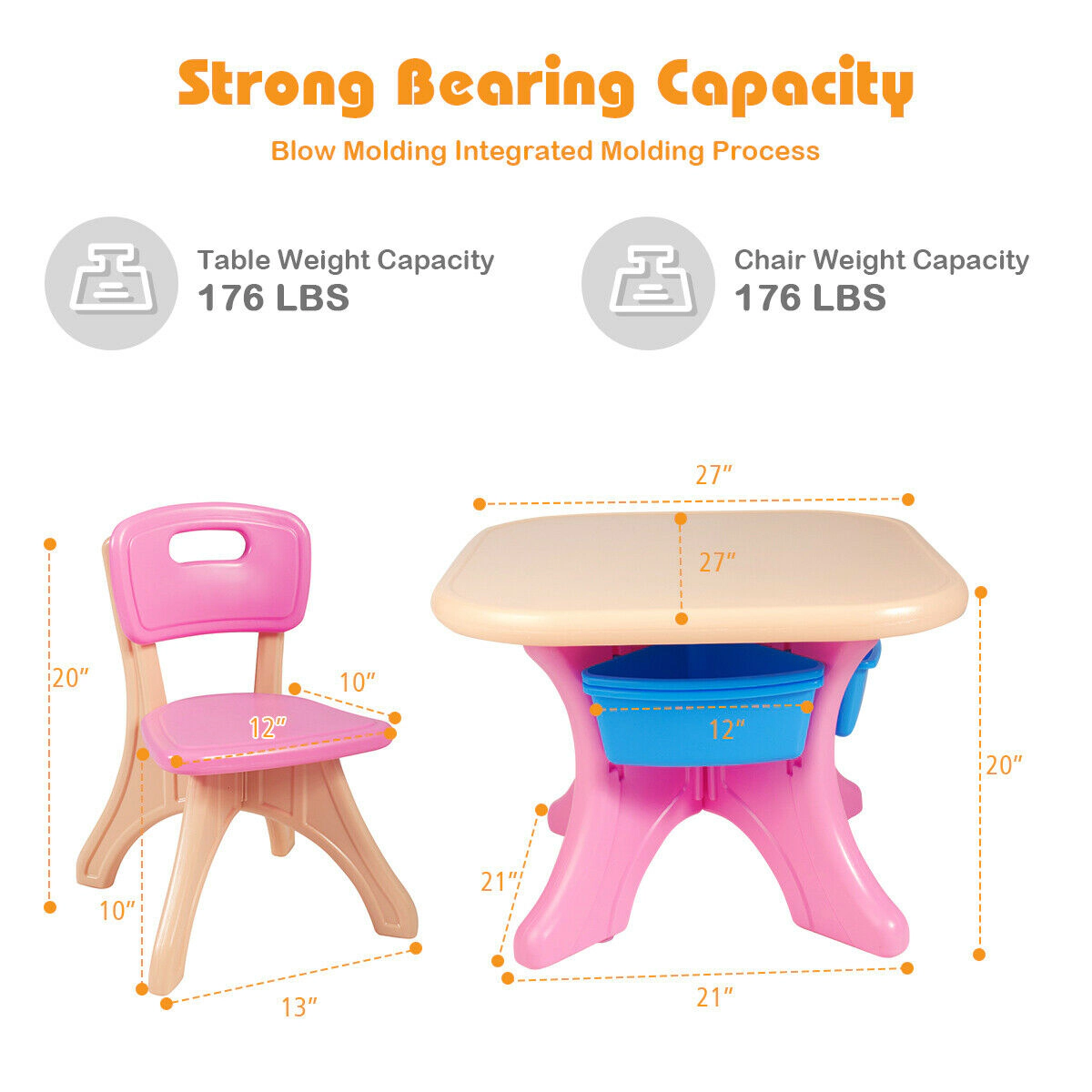 SUGIFT 4 Storage Boxes Indoor Outdoor 3-Piece Kids Plastic Play Table and Chair Set