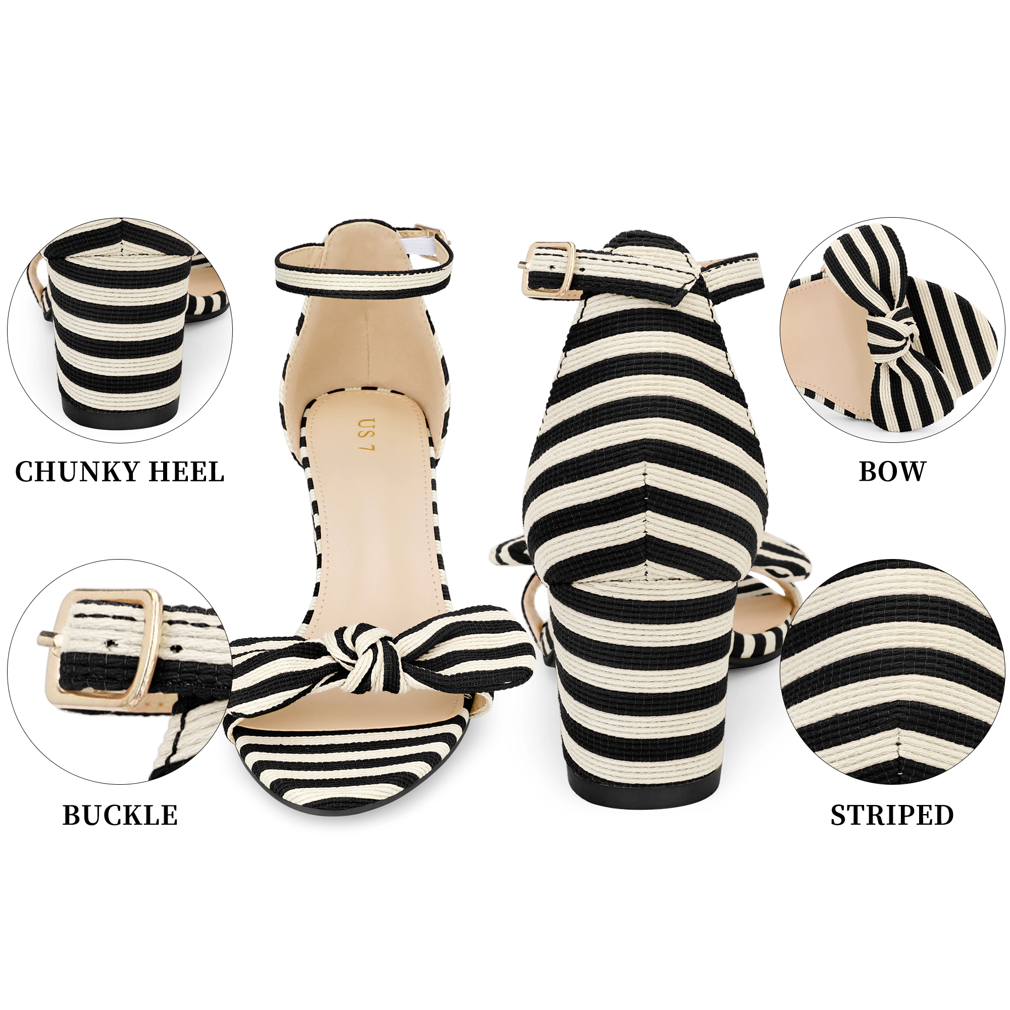 BLISSFUL STEP Women's Stripe Bow Ankle Strap Chunky Heel Open Toe Block Sandals