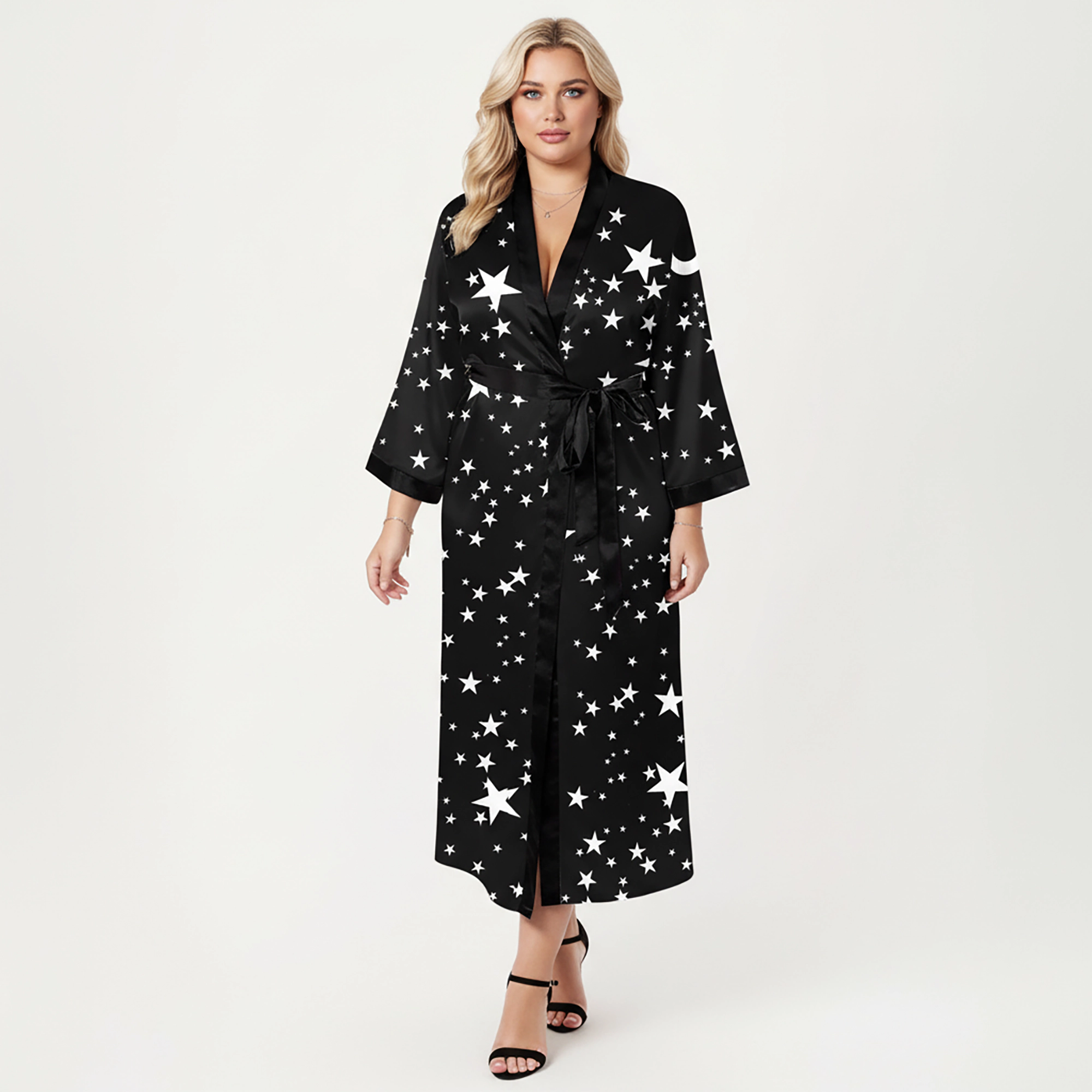 Anna-Kaci Women's Plus Star Print Long Robe with Soft Satin Feel Open Front Design and Adjustable Waist Tie