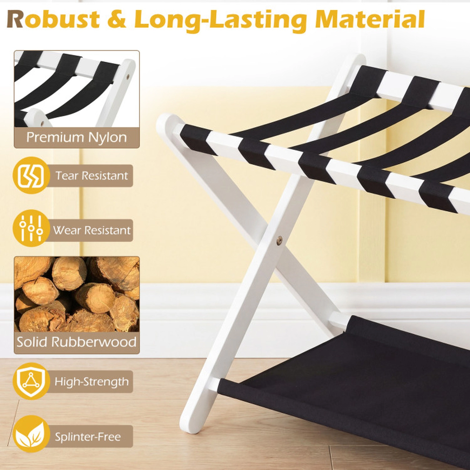 SUGIFT Solid Rubberwood Folding Luggage Rack with Nylon Shelves 110-lb Upper Layer and 22-lb Bottom Capacity White