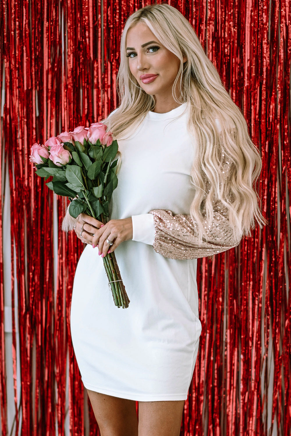 Threaded Pear Women's Mandy Sequin Puff Sleeve Shift Mini Dress
