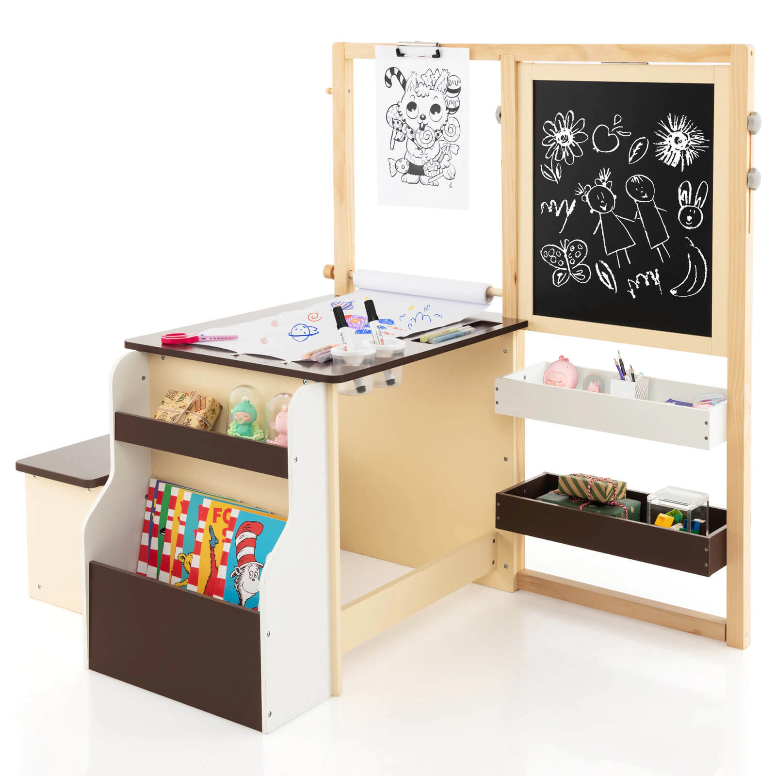 SUGIFT Kids Art Center Wooden Table Bench Set with 110-lb Tabletop and Bench Capacity Ages 3+ 45-in Tall Brown/Gray/Pink