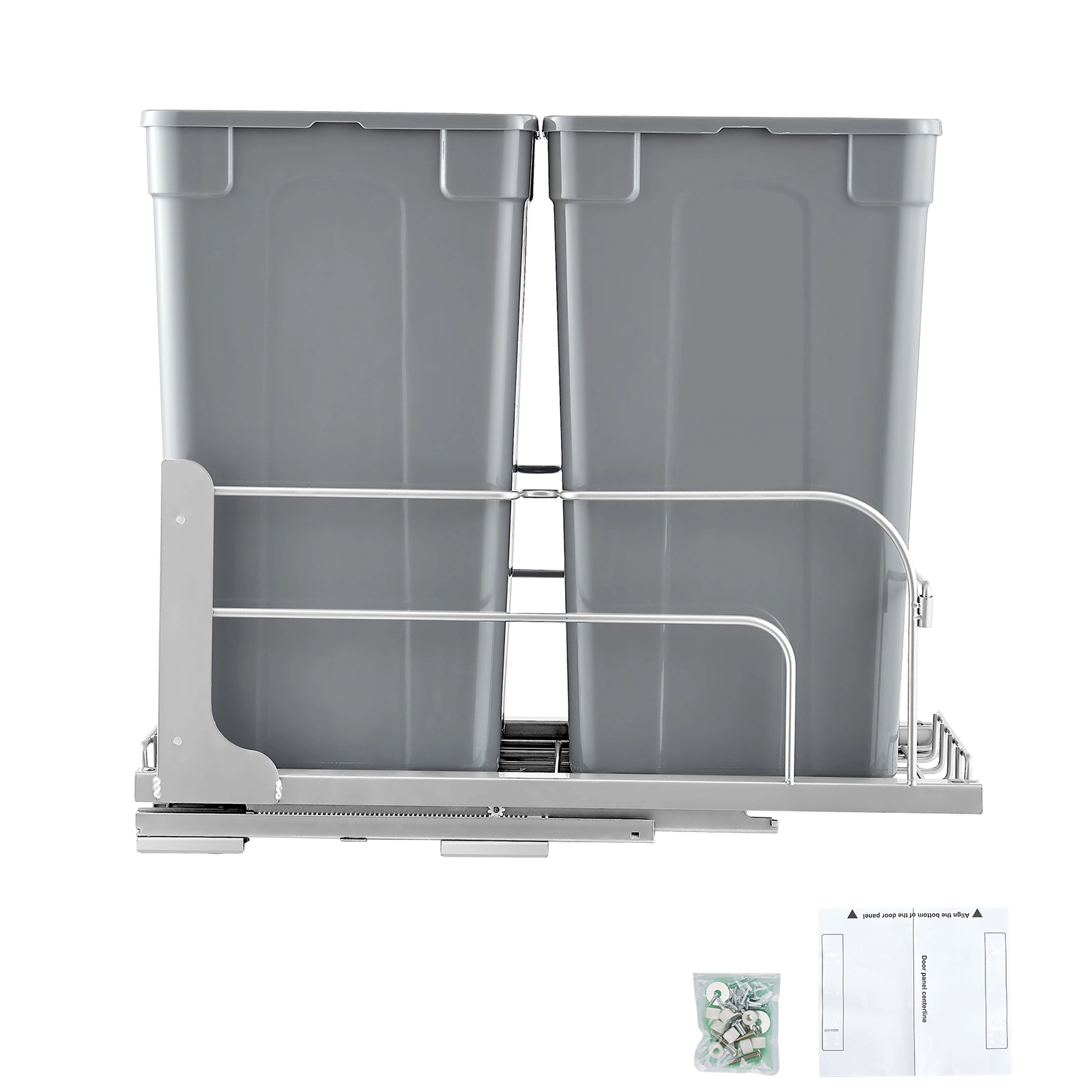 HONGGE Double Pull-Out Under-Cabinet Trash Can, Dual 27 Qt Bins with Soft-Close Slides & Door Kit, Grey