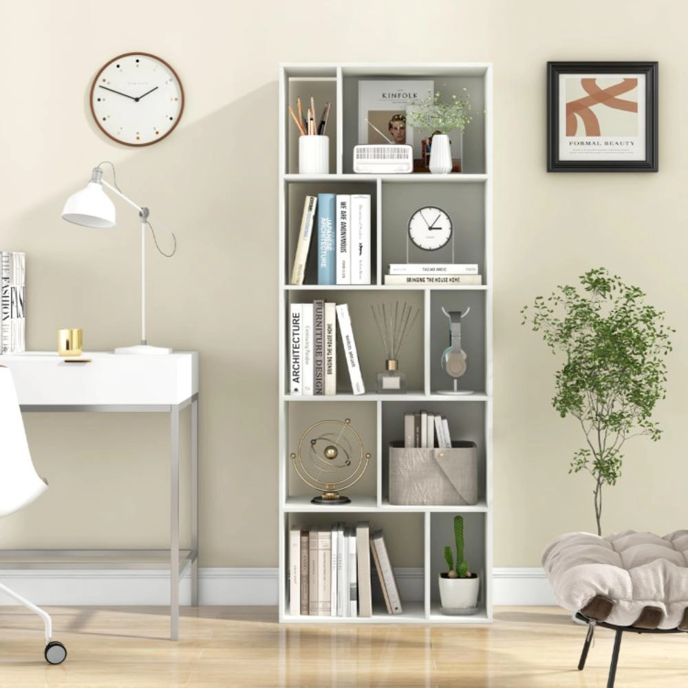 Hivvago 63 Inch 5-Tier Geometric 10-Cube Bookshelf Tall Bookcase-White