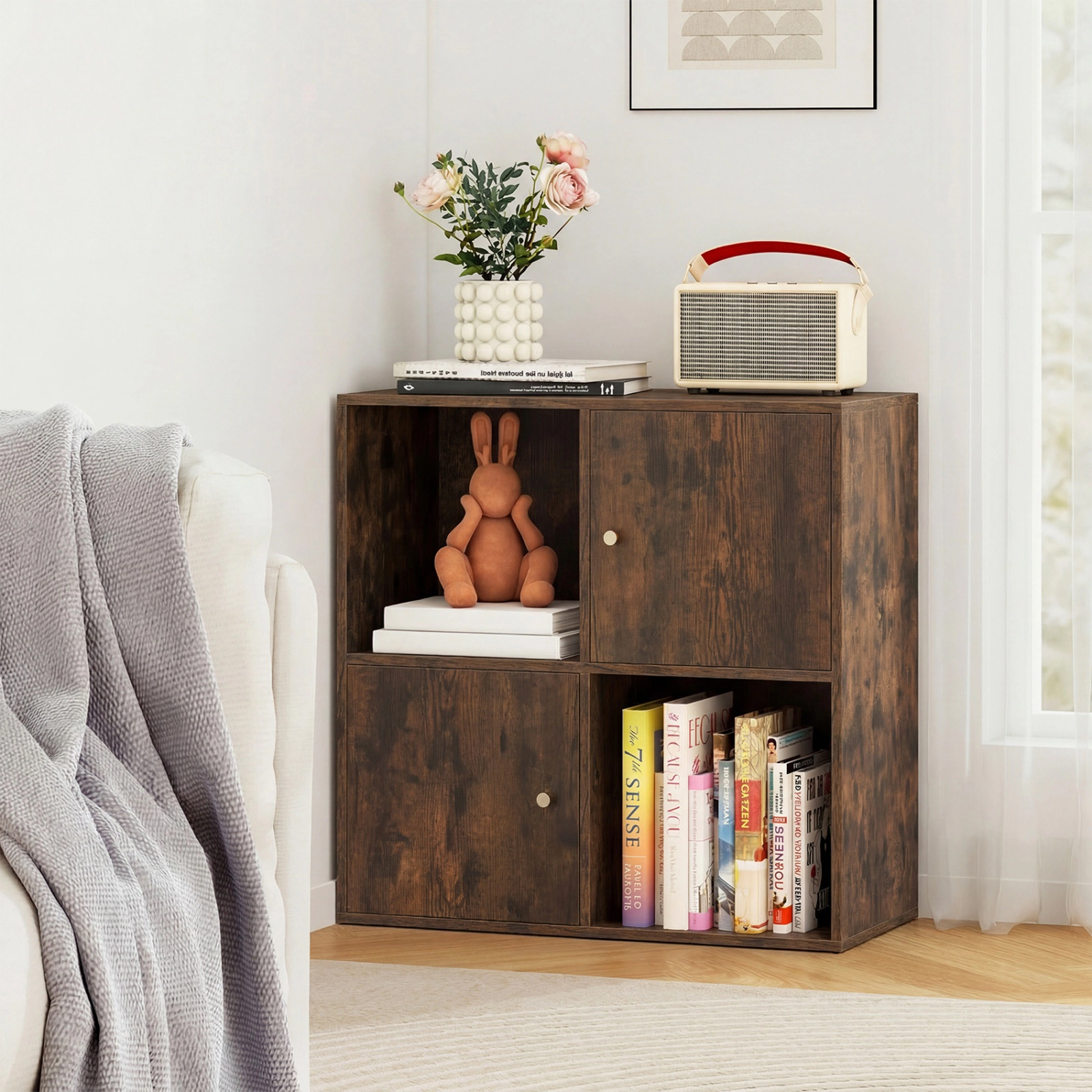 SUGIFT 4-Cube 3-Tier Bookcase with Dual Anti-Tipping Kits and 2 Cabinets 110-lb Top Capacity 45-lb Cube Capacity Brown