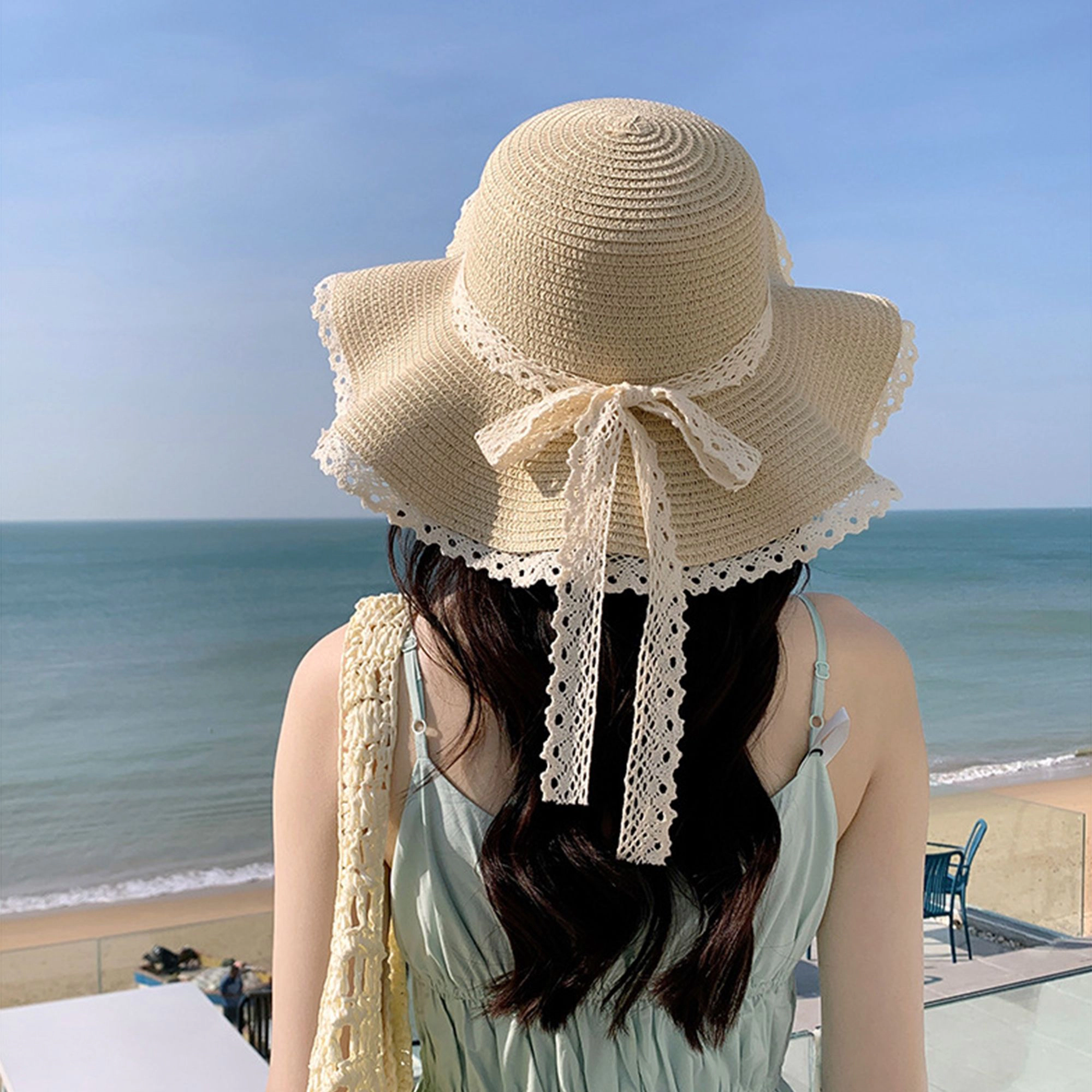 Anna-Kaci Women's Wide Brim Straw Sun Hat Lace Trim Bow Adjustable Chin Strap Breathable Packable Summer Beach
