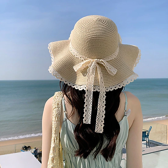 Anna-Kaci Women's Wide Brim Straw Sun Hat Lace Trim Bow Adjustable Chin Strap Breathable Packable Summer Beach Hat