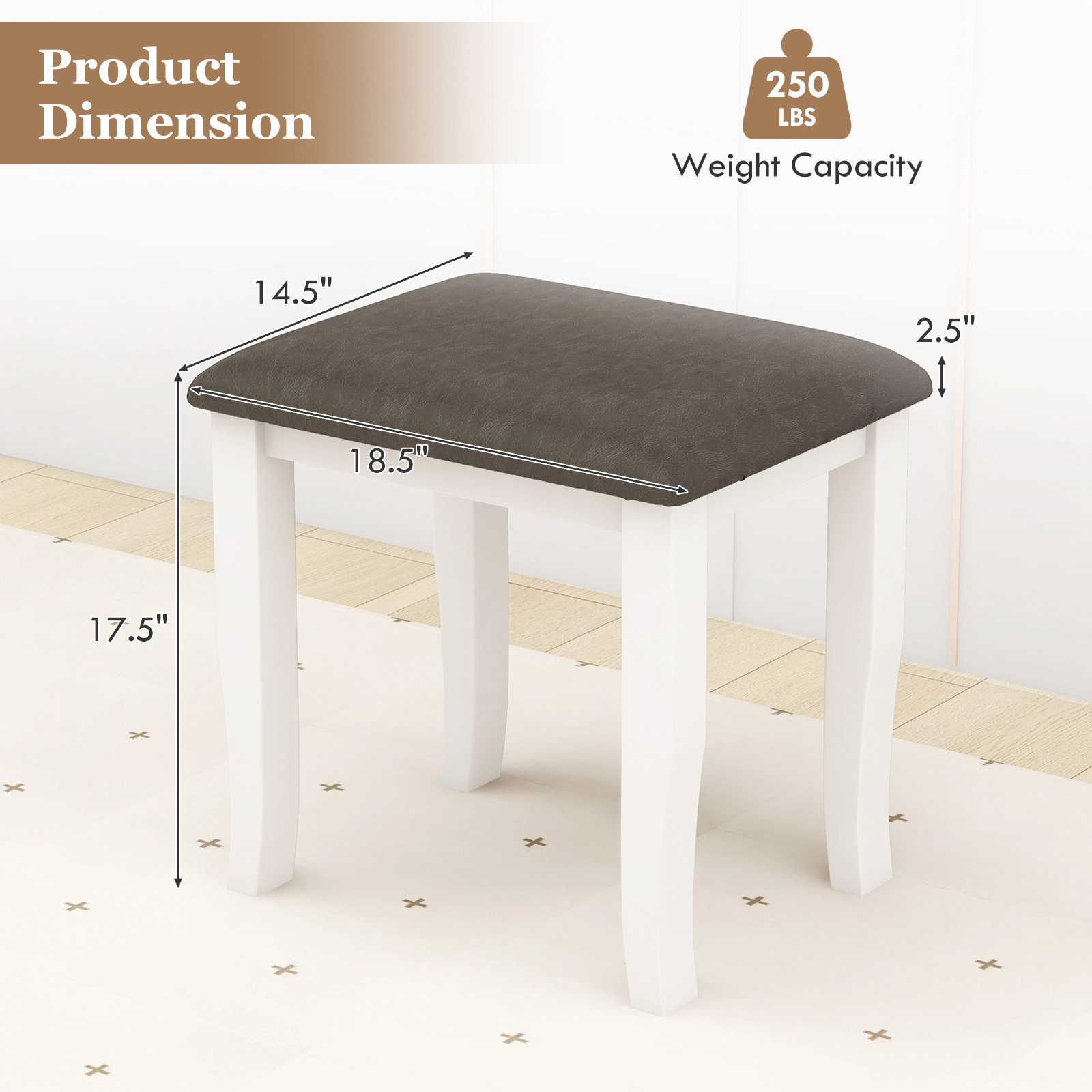 SUGIFT Set of 2 Faux Leather Vanity Stool Chairs with Padded Seat 18.5-in Wide 250-Lb Capacity Gray and White