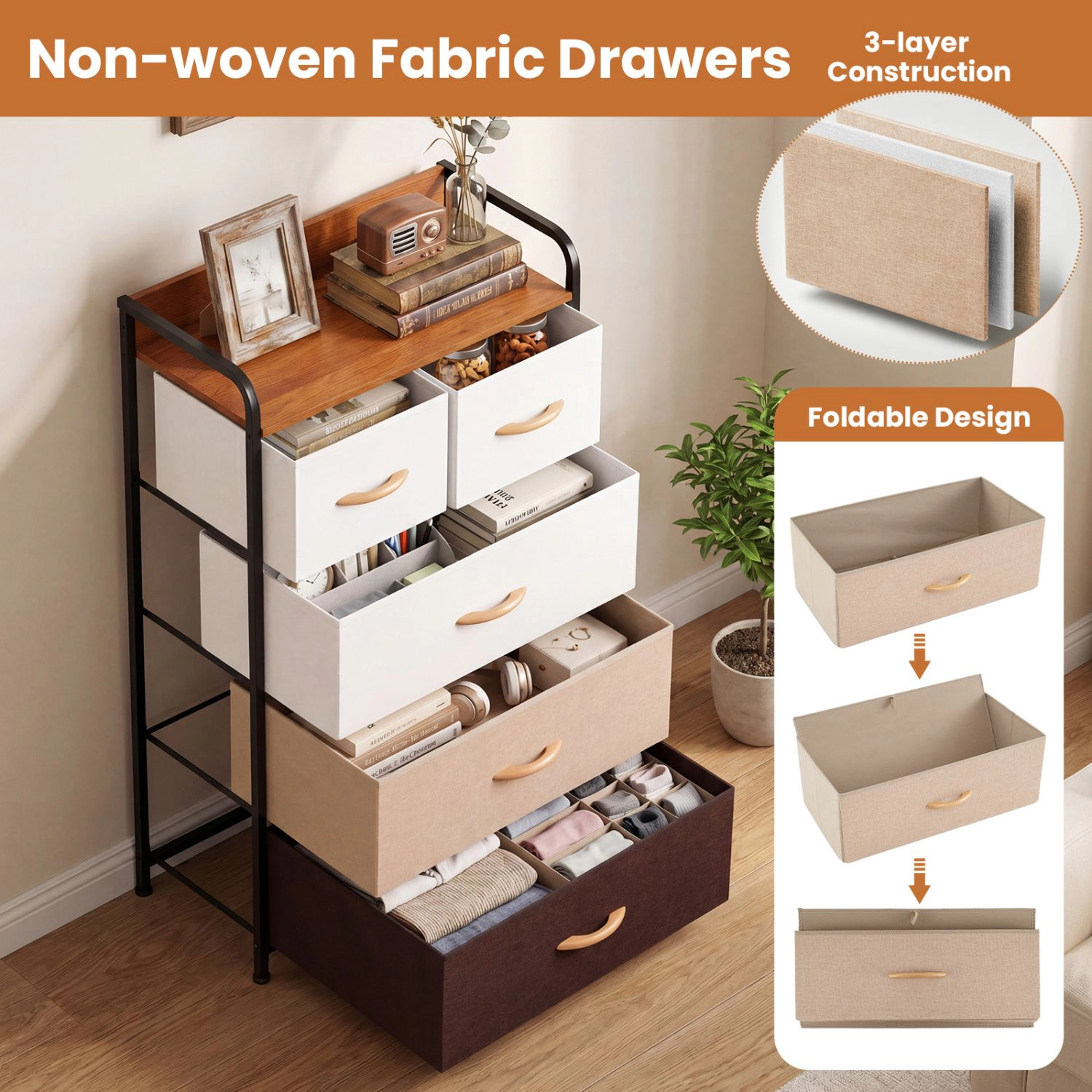 SlickBlue 5-Drawer Fabric Storage Dresser with Metal Frame