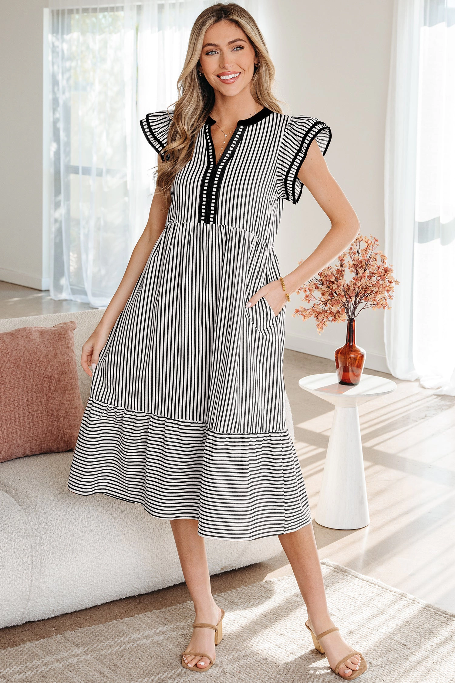 Threaded Pear Womens Opal Contrast Trim Midi Dress