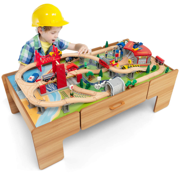 SUGIFT 100-Piece Double-Sided Wooden Train Set Activity Table with Storage Drawer for Kids Age 3+ Natural