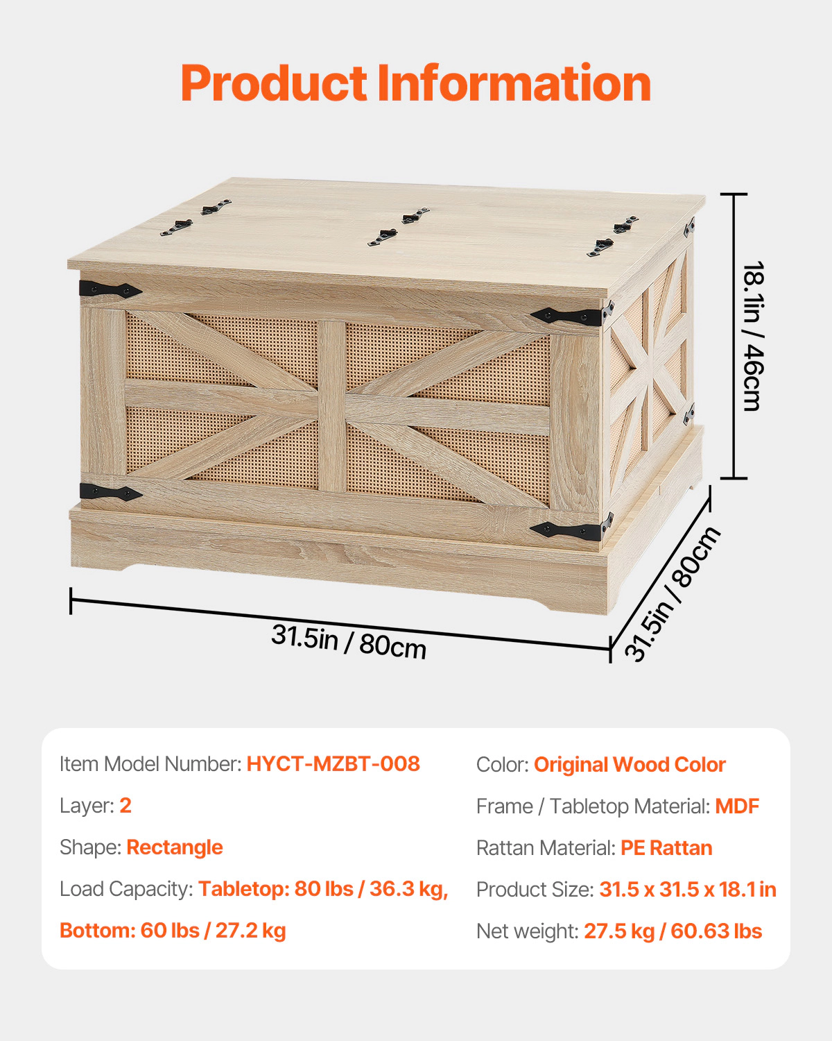 HONGGE Rattan Coffee Table Rectangle PE Rattan Woven Wood Coffee Table with Modern Boho Style Storage Coffee Table with