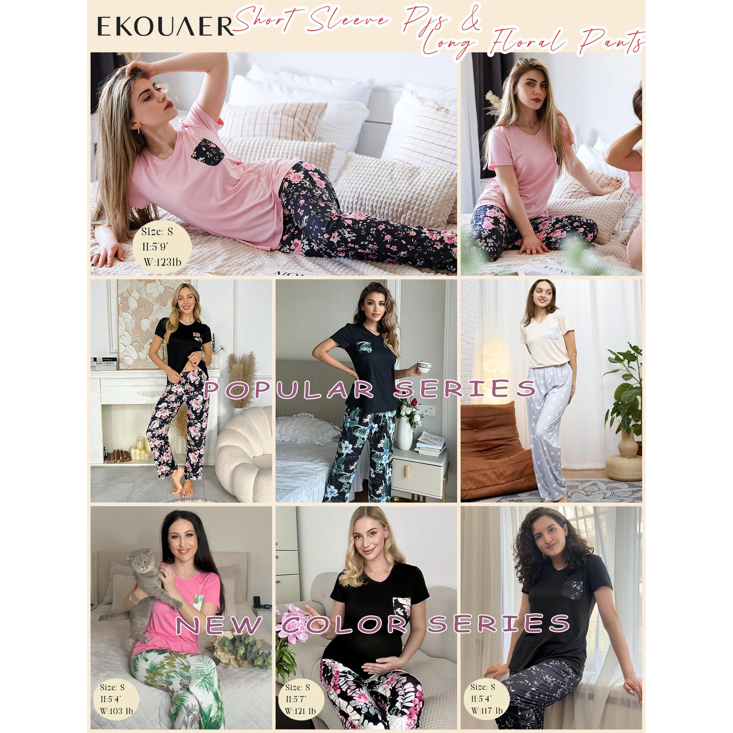 Ekouaer Pajama Sets for Women Short Sleeve Pj Set V Neck Sleepwear Chest Pocket with Long Pants