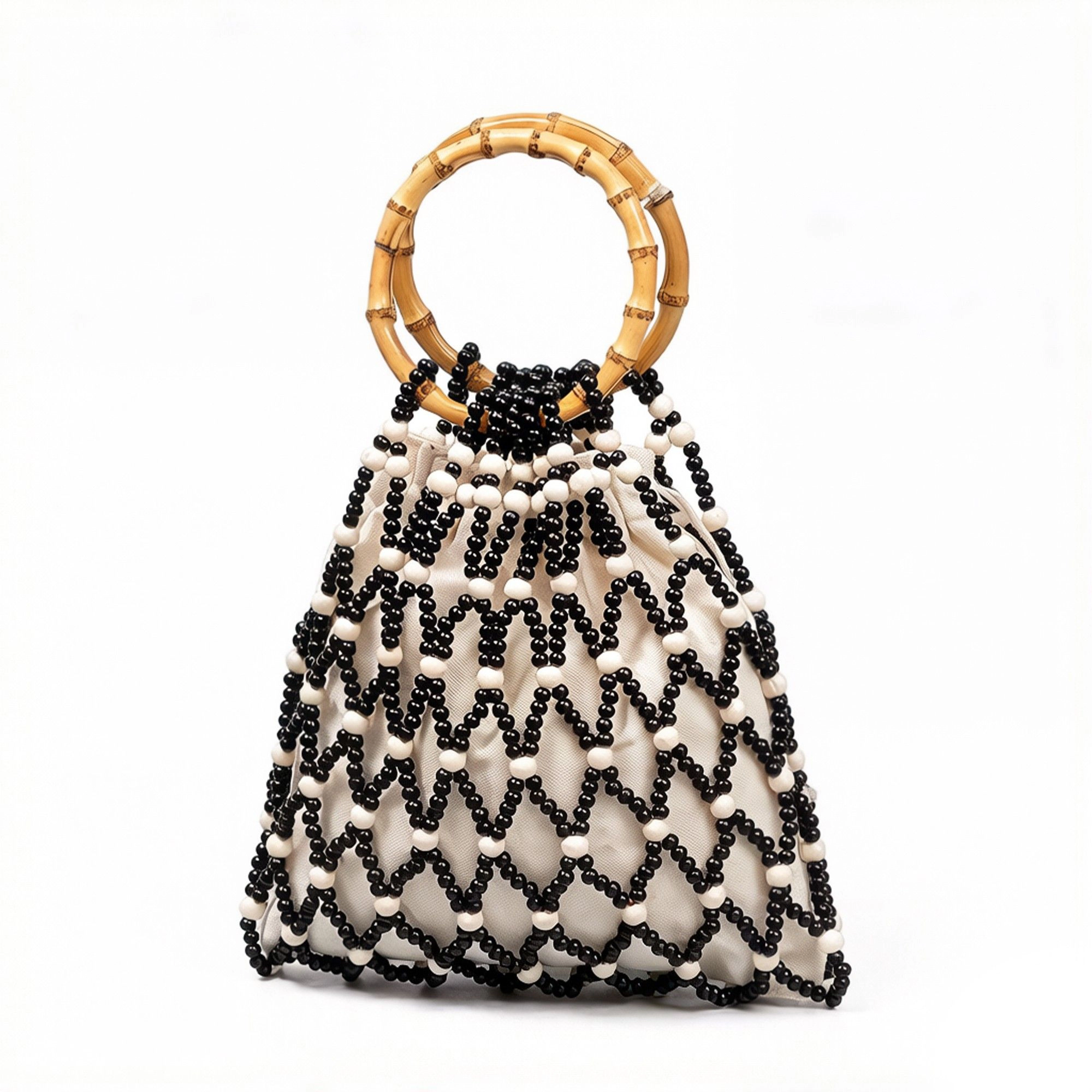 Alilang Women's Beaded Drawstring Mini Bag with Bamboo Handle Structured Bucket Purse Lightweight Top Handle Handbag