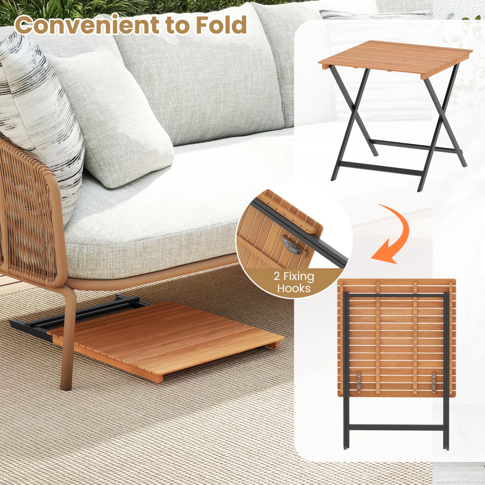 SUGIFT 28-in Patio Folding Square Table with Slatted Tabletop 180-lb Capacity for Backyard Porch Natural + Black