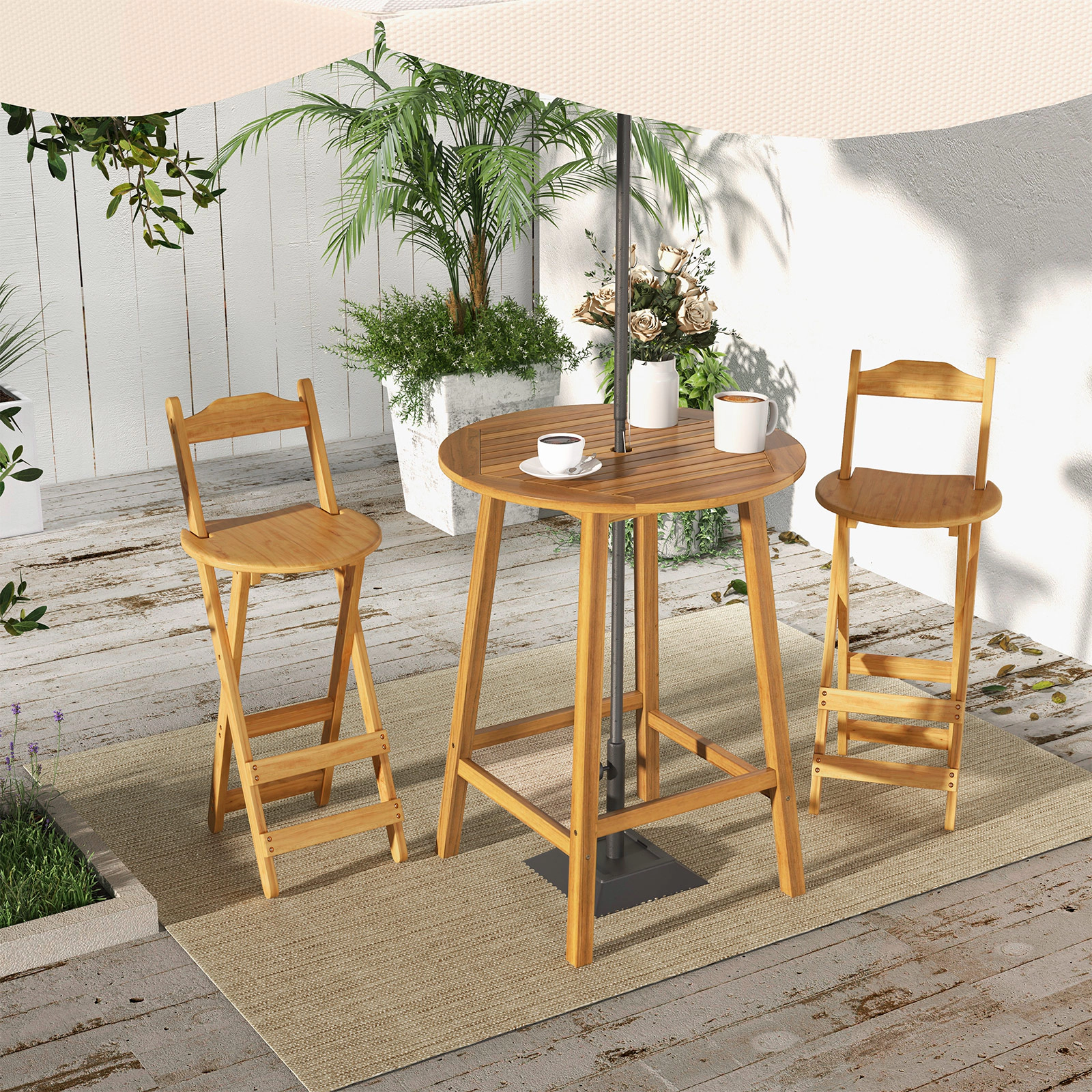 SUGIFT Acacia Wood Bar Height Outdoor Table 31.5-in Round Slatted Top 165-lb Capacity with 2-in Umbrella Hole Natural