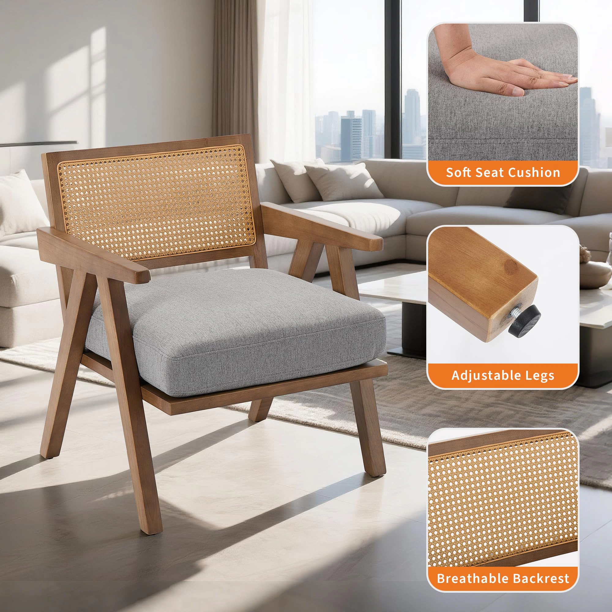 BebreezChic Mid-Century Accent Chair, Farmhouse Wood Armchair with Rattan Backrest & Cushion