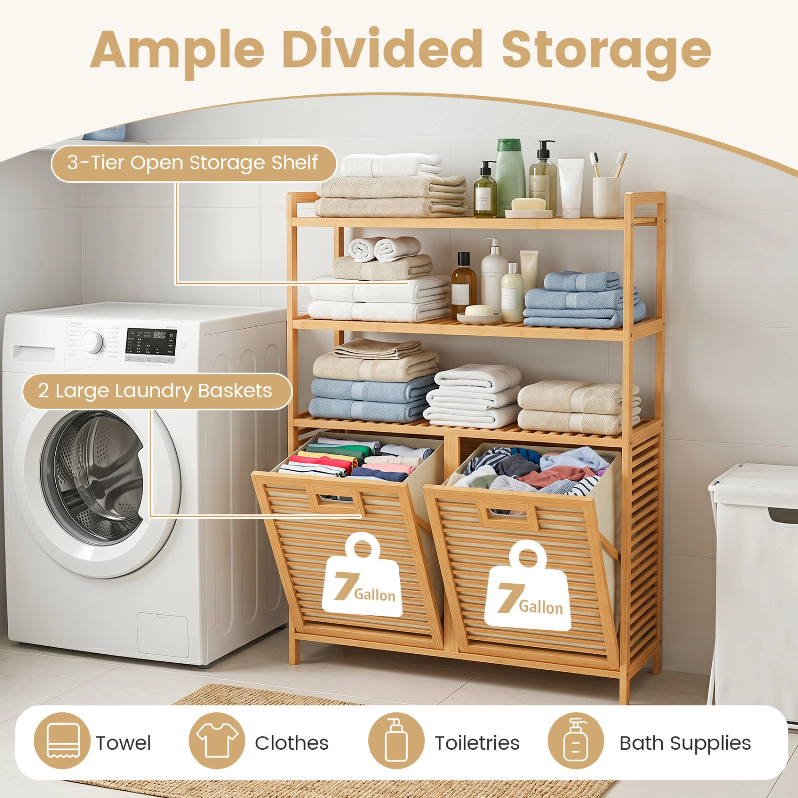 SUGIFT Natural Bamboo Double Tilt-Out Laundry Hamper with 3 Shelves and 2 Removable 7-gal Baskets