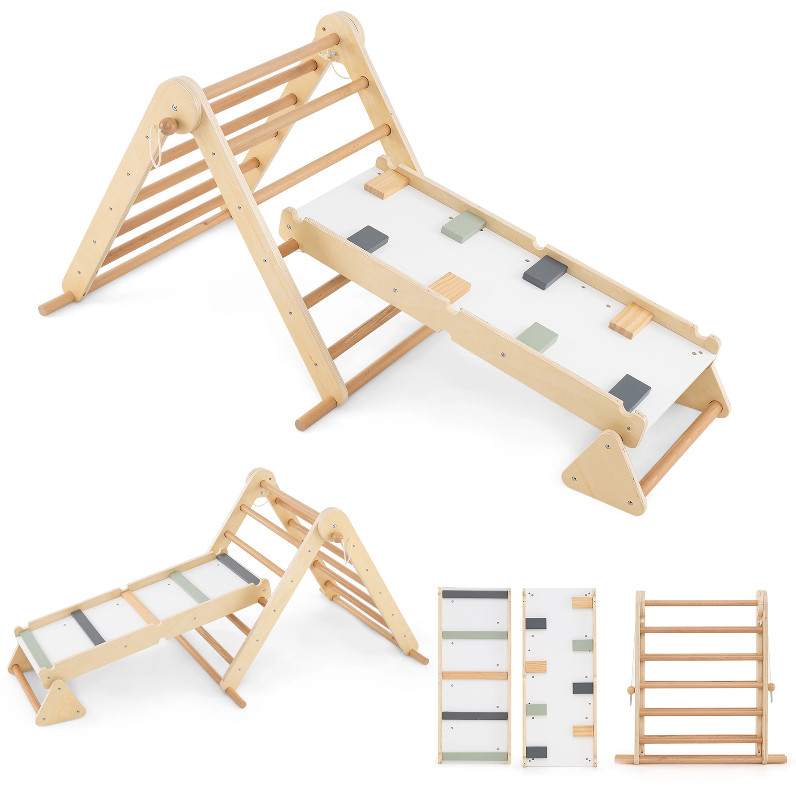 SUGIFT Natural Ramp 3-in-1 Kids Pikler Triangle Climbing Set Foldable Montessori Toy