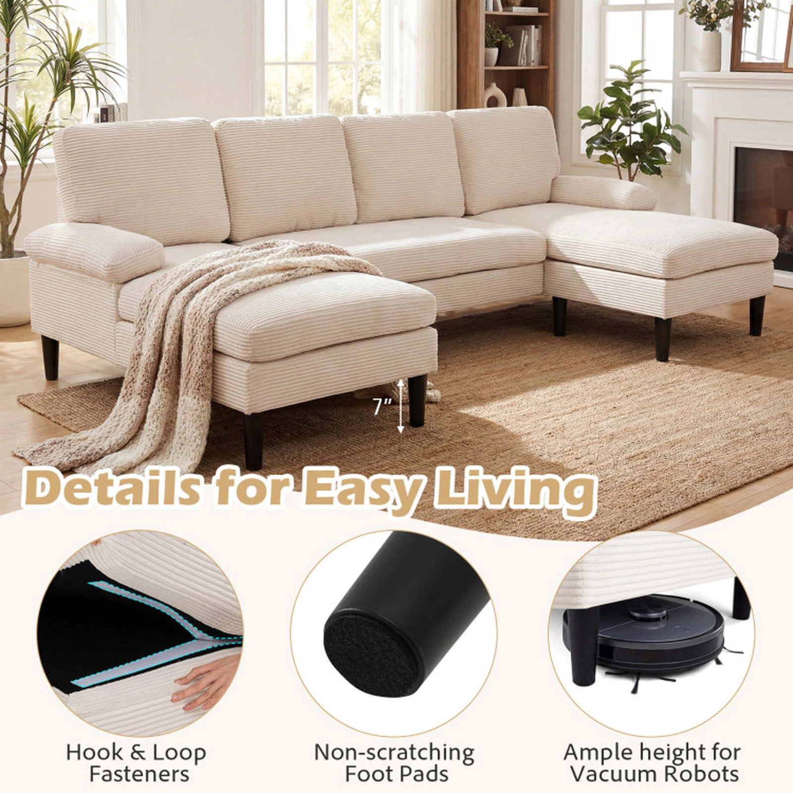 SUGIFT 101.5-Inch Beige U-Shaped Sectional Sofa with Double Chaise and Pocket Springs
