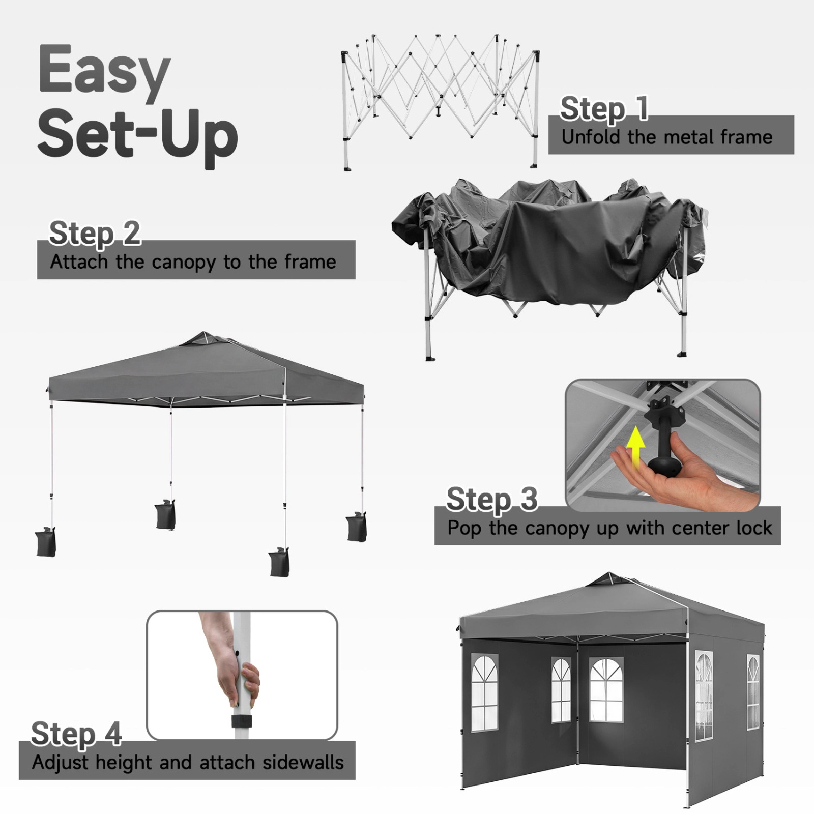 SUGIFT Gray 10-ft by 10-ft 3-Level 210D Oxford Pop Up Canopy Tent with 4 Removable Sidewalls and Windows