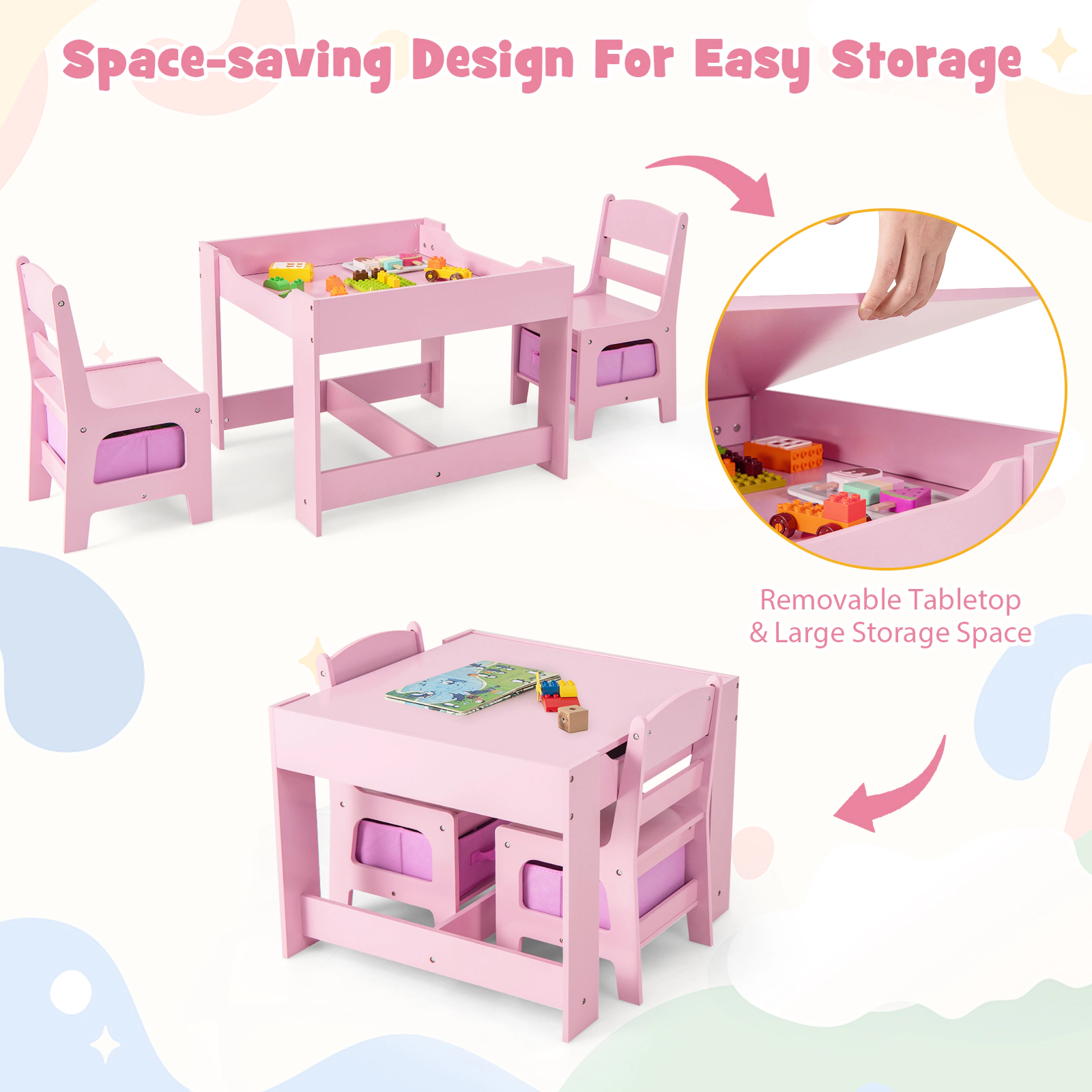 SUGIFT 2-in-1 Kids Table & Chair Set with Blackboard & Whiteboard 50-lb Table 100-lb Chairs Ages 3-7 Pink/White/Natural