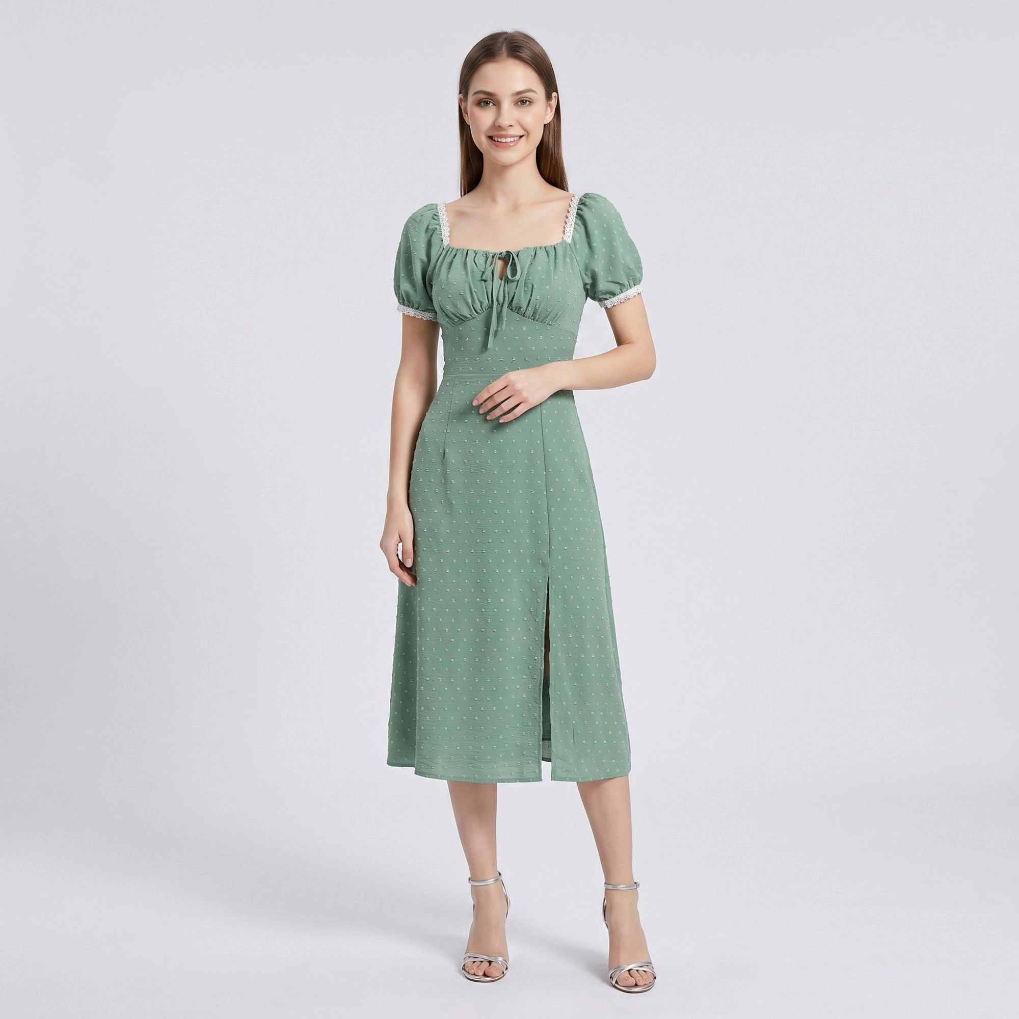 Anna-Kaci Women's Swiss Dot Puff Sleeve Lace Trim Square Neck Tie Front Slit Fitted Midi Dress