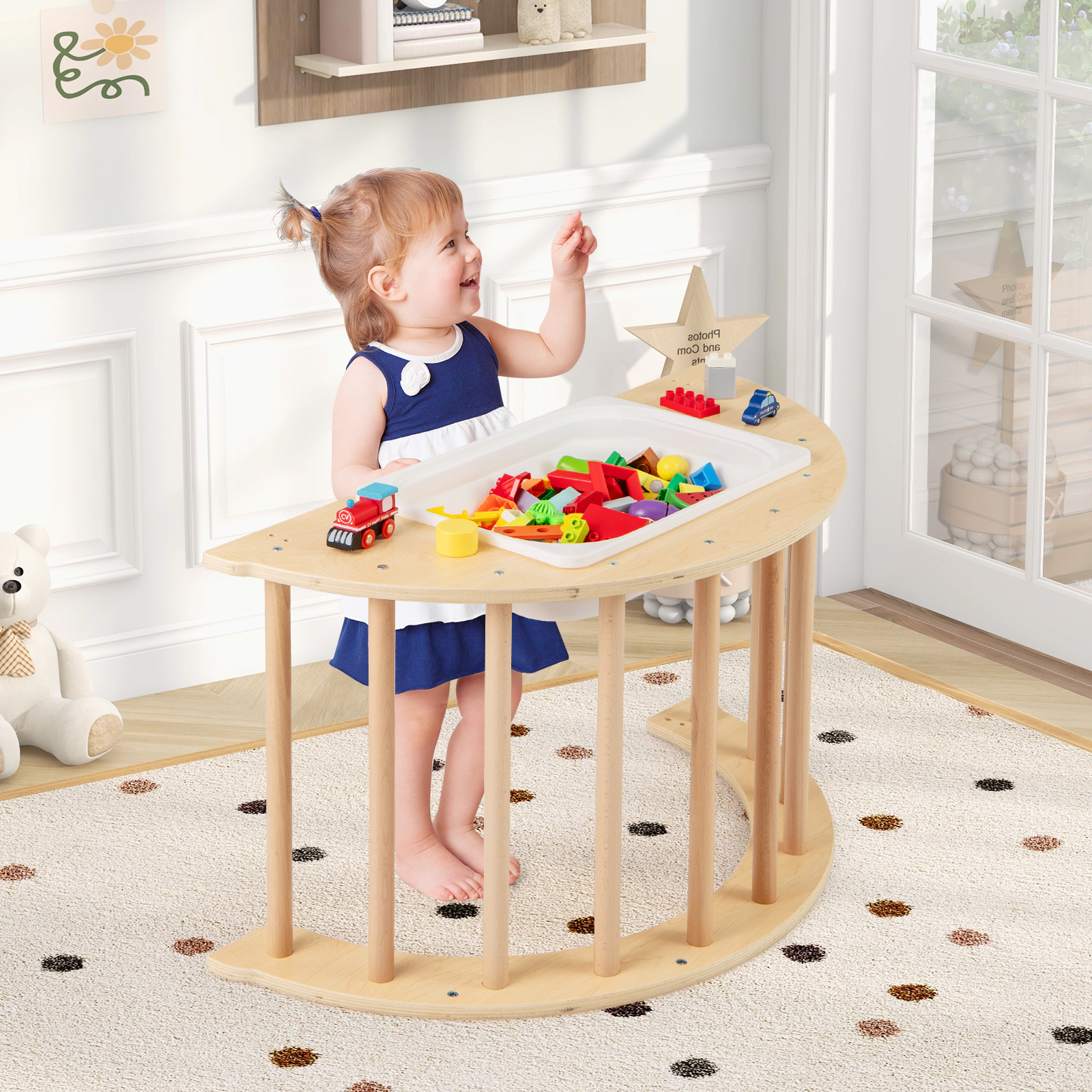 6-in-1 Natural Wood Kids Climbing Arch Detachable Support Legs Rocker Stoppers Padded Mat Toy Bin 110-lb Ages 1-8