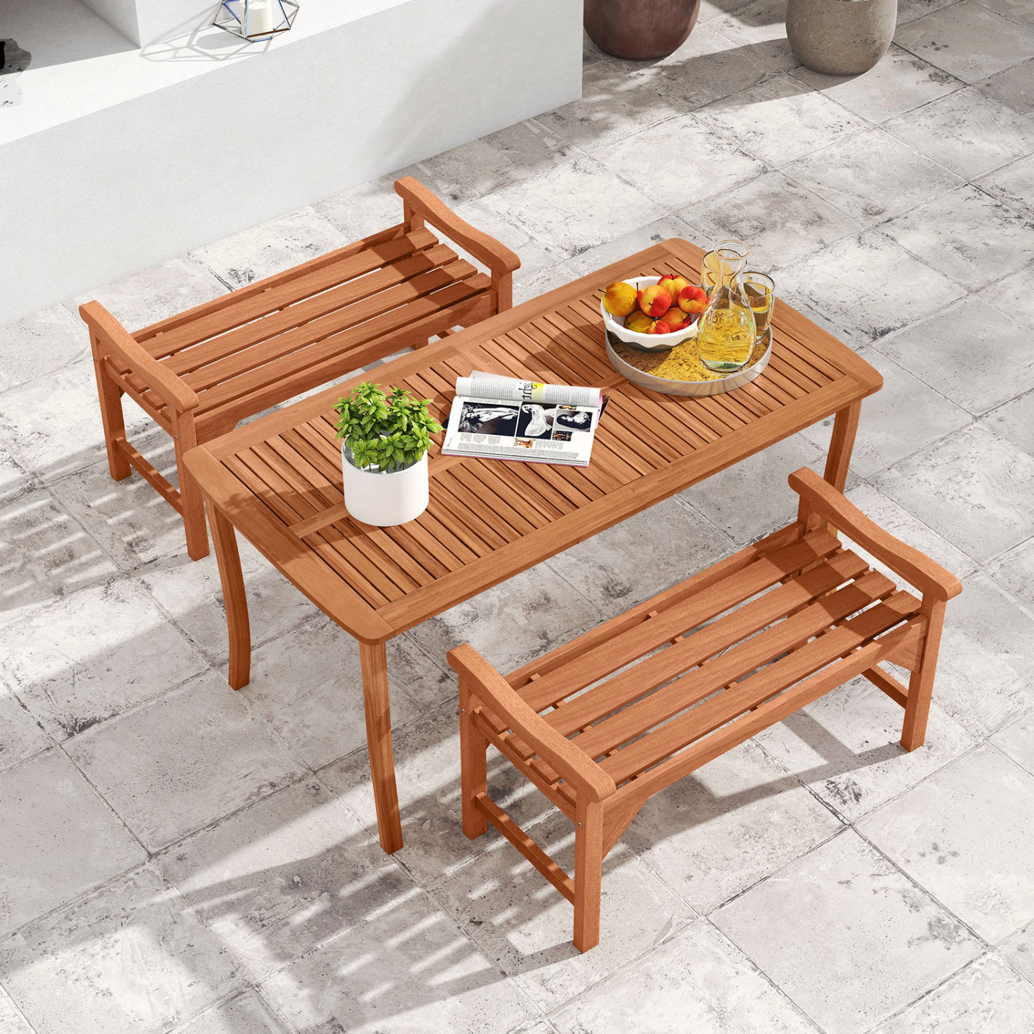 LJG Set of 2 Solid Wood Backless Garden Bench with Support Handles and Curved Slatted Seat for Deck
