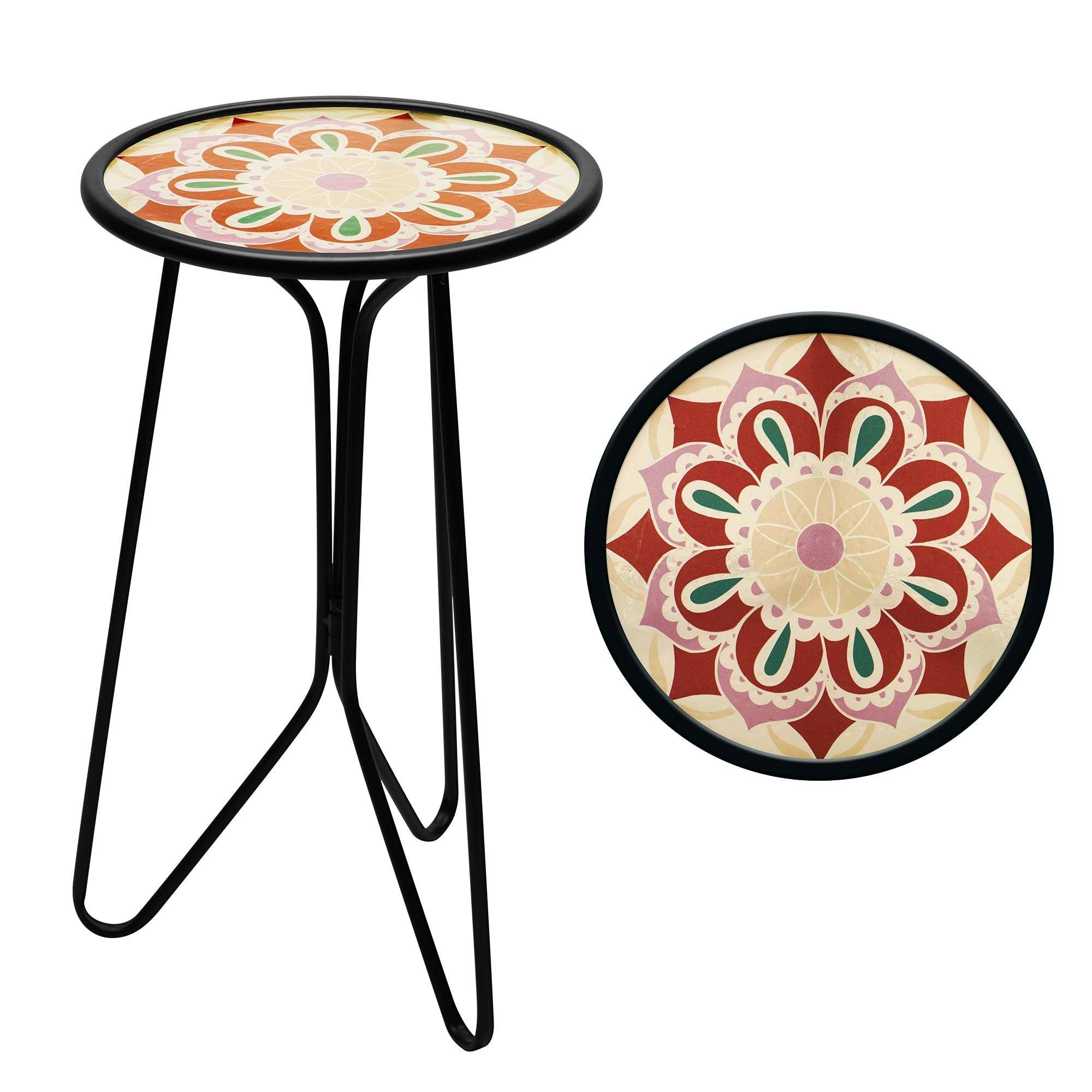 G128 12 in Round Glass Outdoor Side Table Purple Mandala Pattern, Foldable Metal Plant Stand