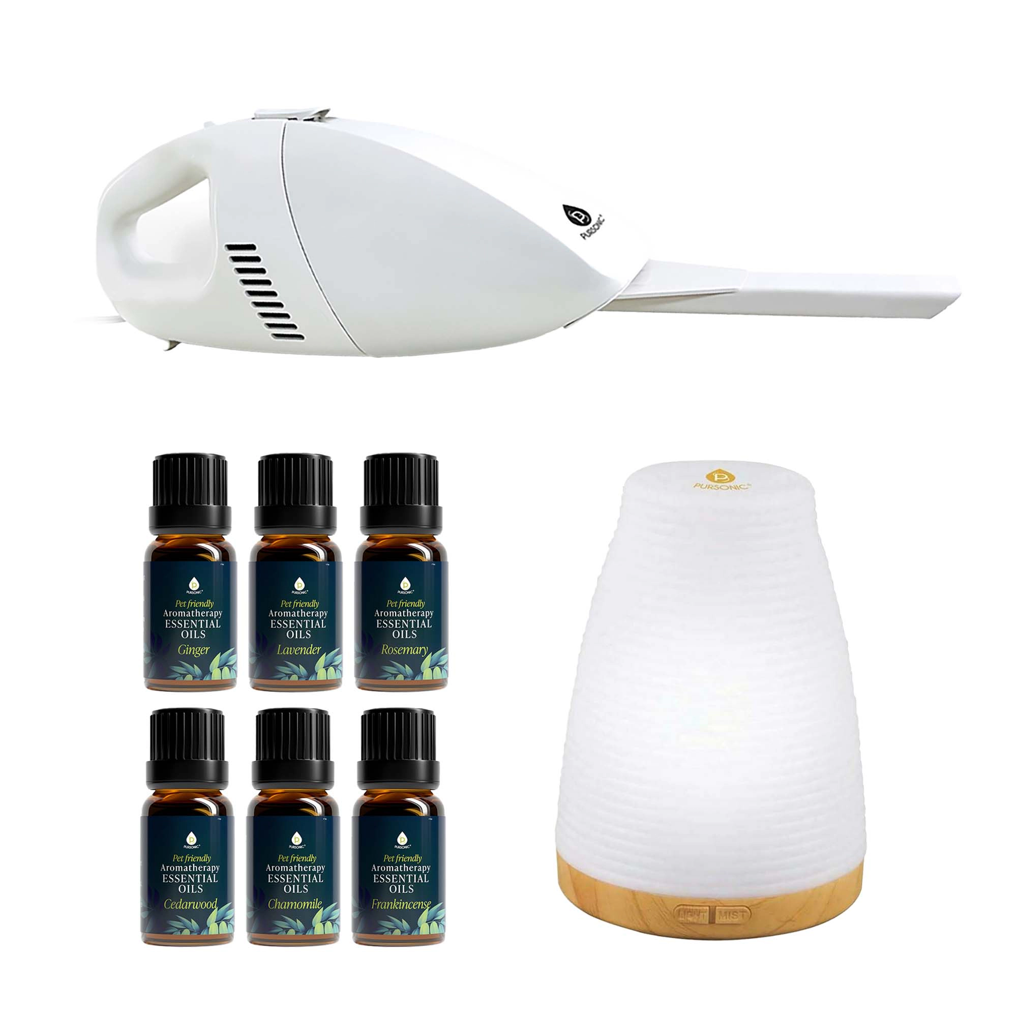 Pursonic Unisex Pet Care Relaxation & Cleaning Bundle: Pet-Friendly Essential Oils, USB Diffuser & Car Vacuum