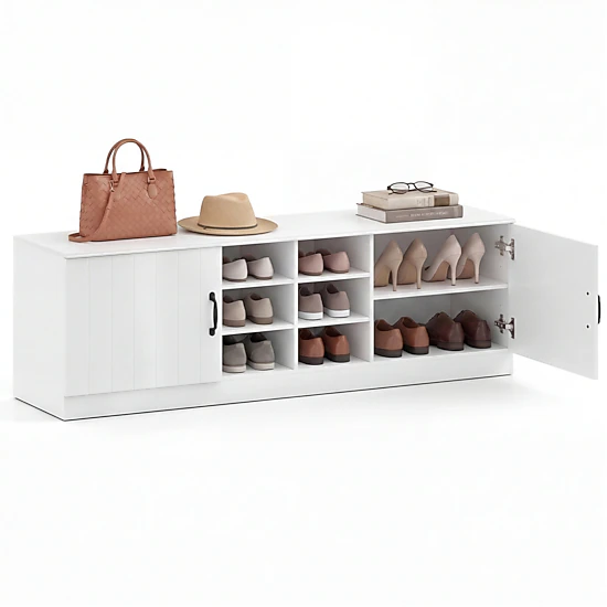 Glintex 59-Inch Shoe Bench with 6 Storage Compartments and Double Doors