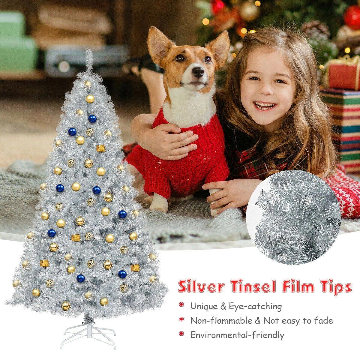 SlickBlue Shiny Silver Artificial Christmas Tree with Hinged Branches