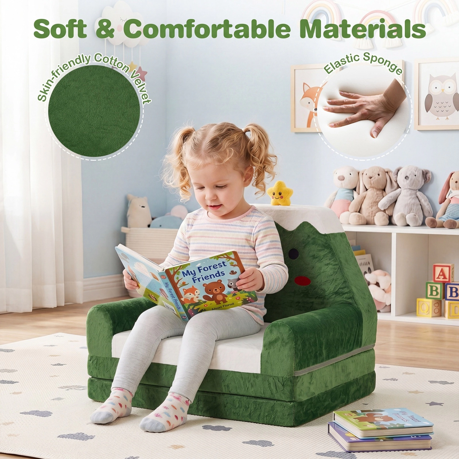 SUGIFT 2-in-1 Convertible Kids Sofa to Lounger Ages 18-36 Months Green Yellow White