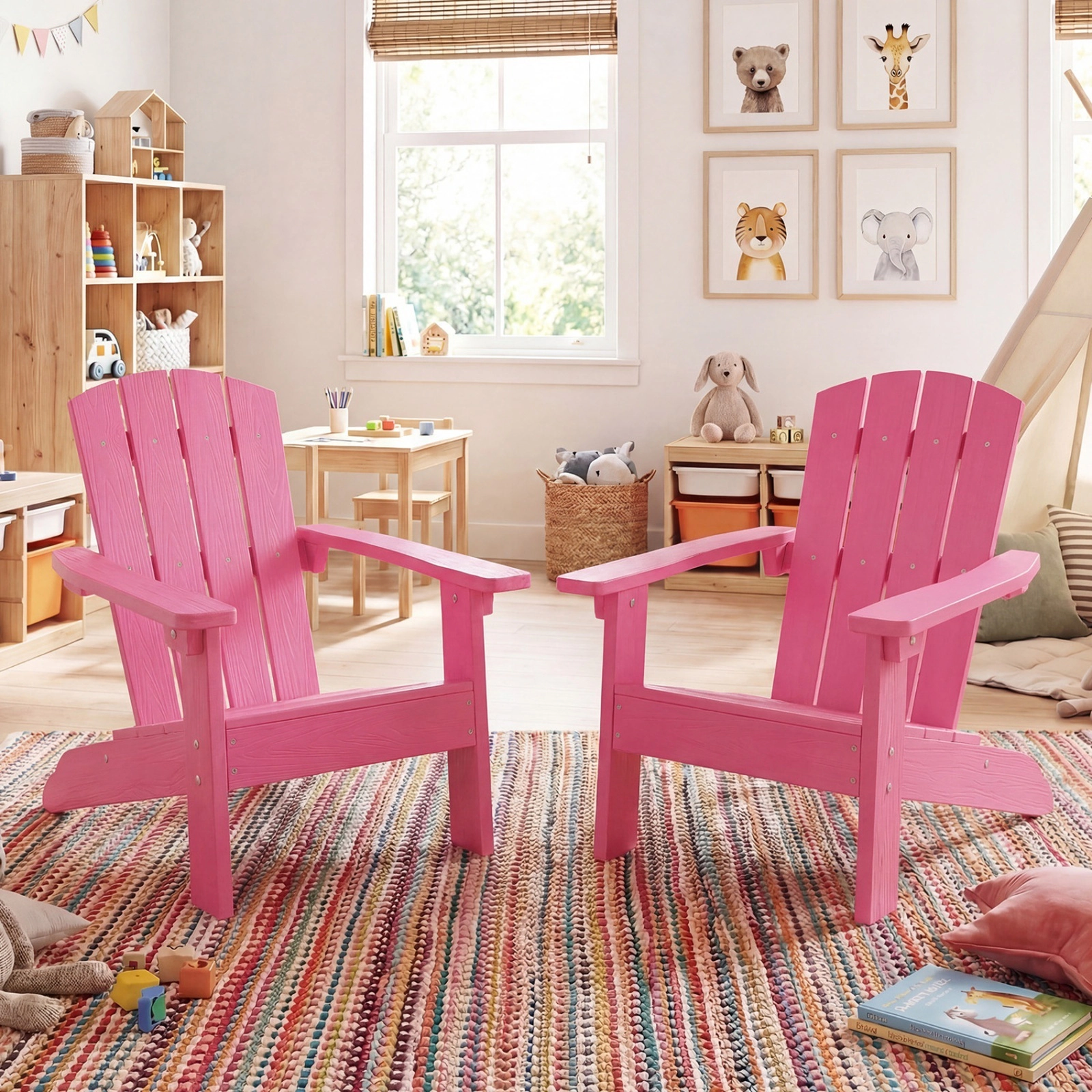 Kids Adirondack Chairs Set of 2 All-Weather Plastic Patio Chairs with 105-Degree Slatted Backrest 304 Stainless Pink