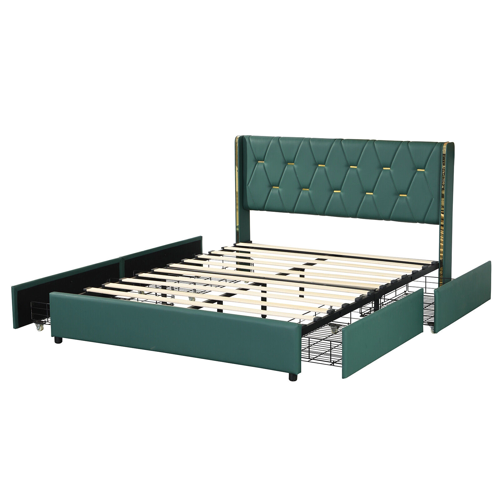 LJG Full/Queen Size Upholstered Bed Frame with 4 Drawers-Green-Full Size