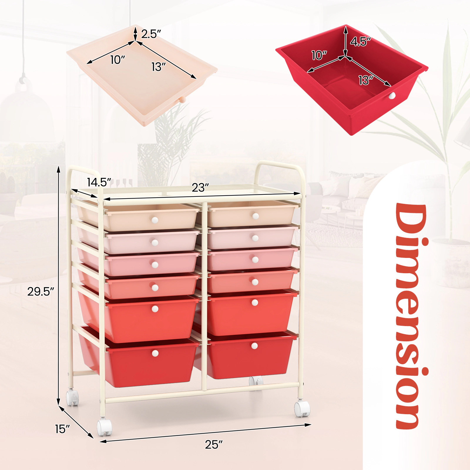 SUGIFT 12-Drawer Rolling Storage Cart with Removable Drawers and 23-in Top Pink