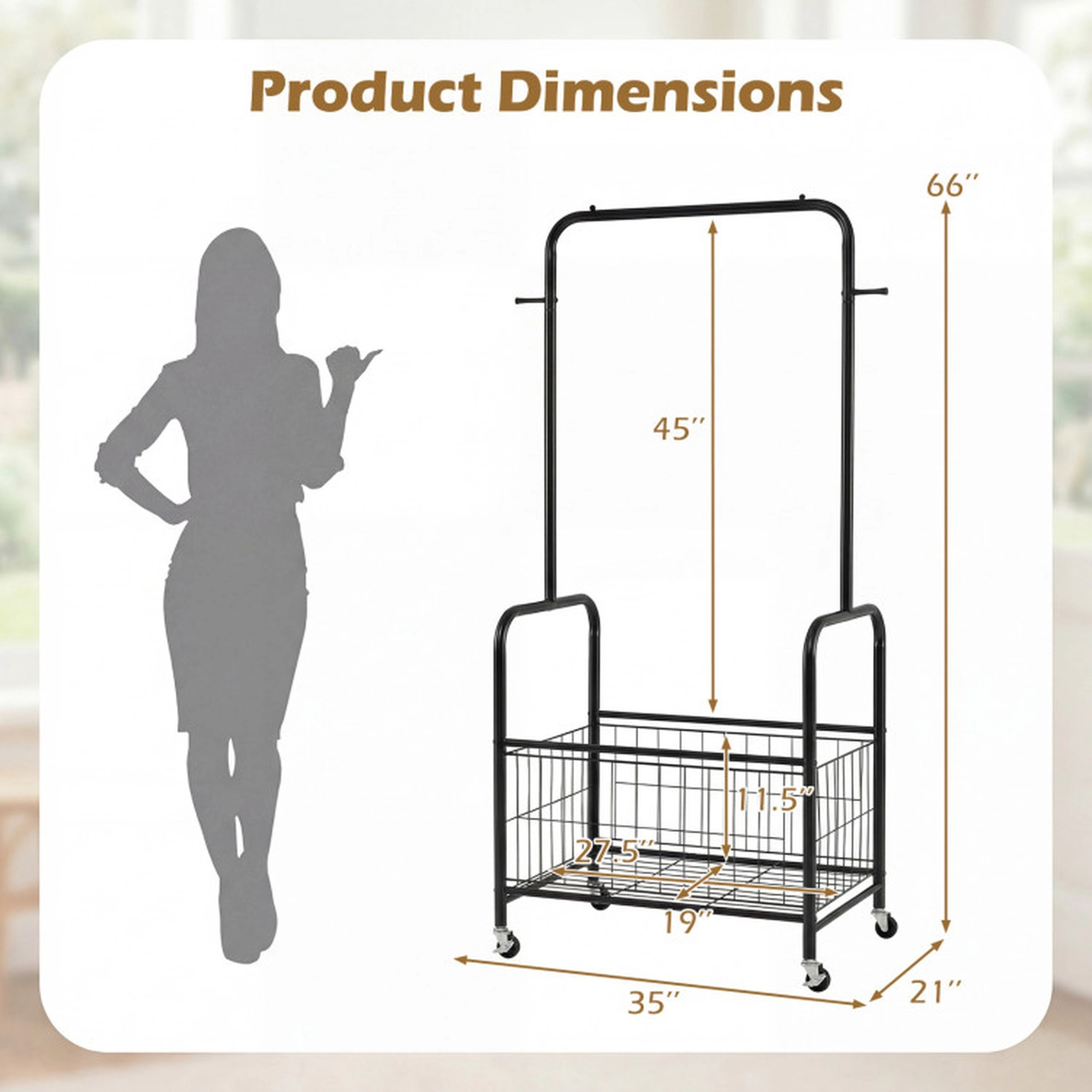 SUGIFT Rolling Metal Clothes Rack with Hanging Rod, Hooks and Storage Basket 110-lb Capacity 35-in Wide Black/White