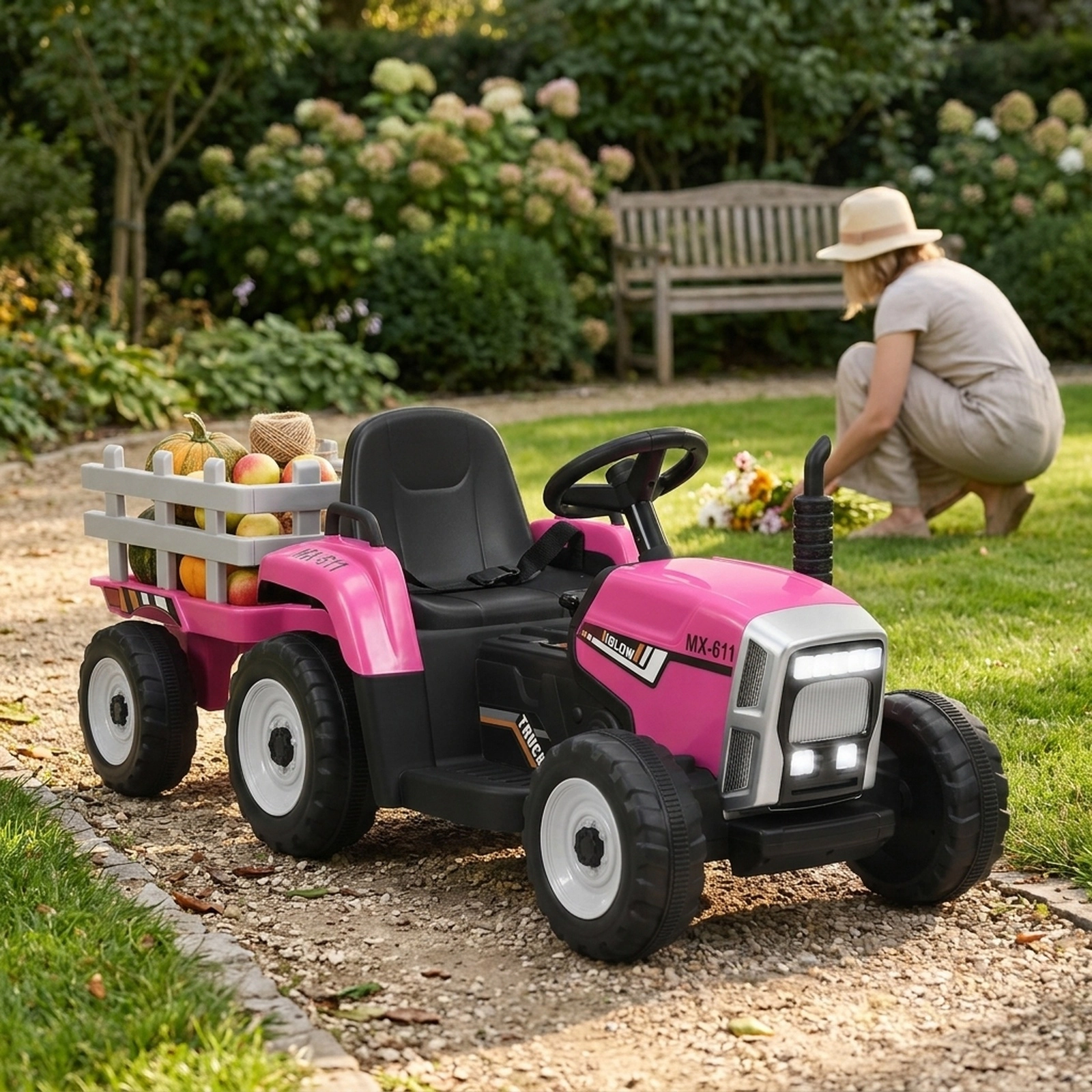 12V Kids Ride On Tractor Detachable Trailer 3-Gear Shift Handle 2.4G Parent Remote LED Headlights Ages 3+ Pink