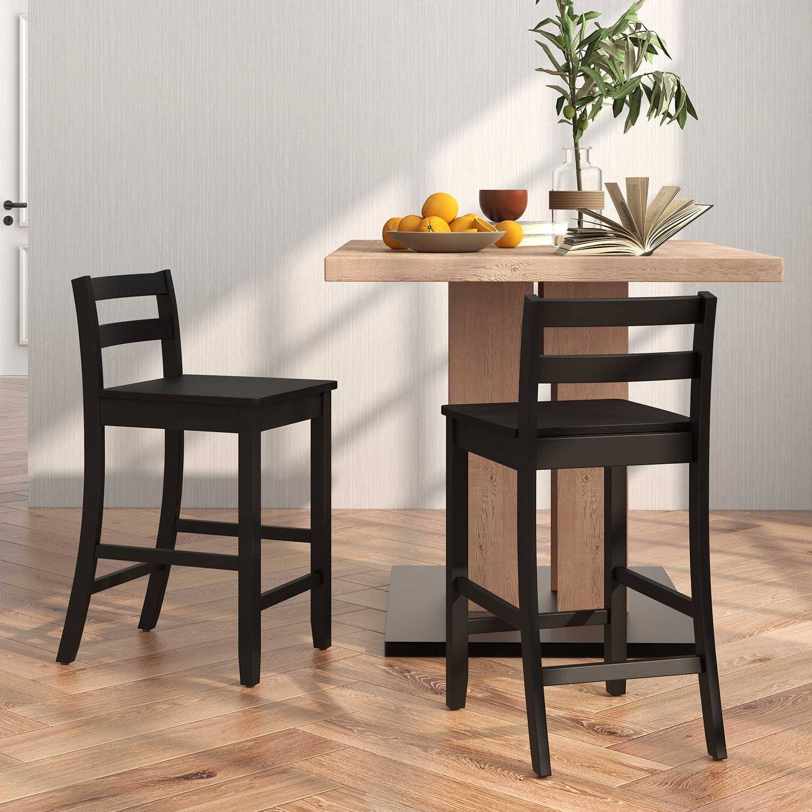 SUGIFT Set of 2 24-in Seat H Ergonomic Backrest and Two-Level Footrest 400-lb Wooden Bar Stools Black