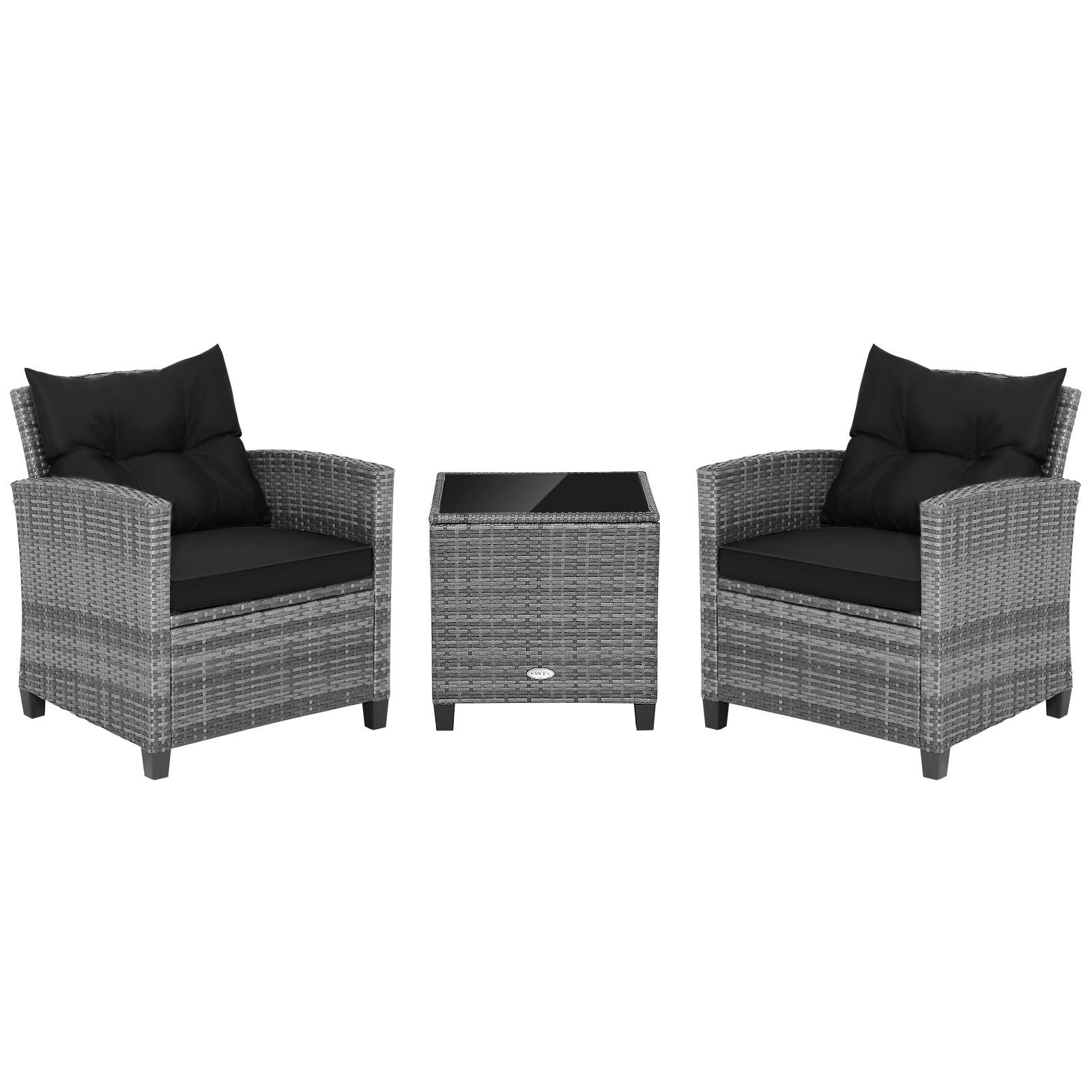 SUGIFT Tempered Glass Top Side Table 3-Piece Outdoor Wicker Conversation Set