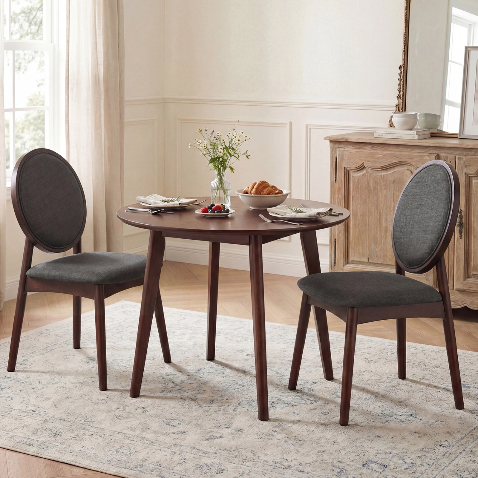 SUGIFT Set of 2 Black Linen Upholstered Dining Chairs, Mid-Century Modern