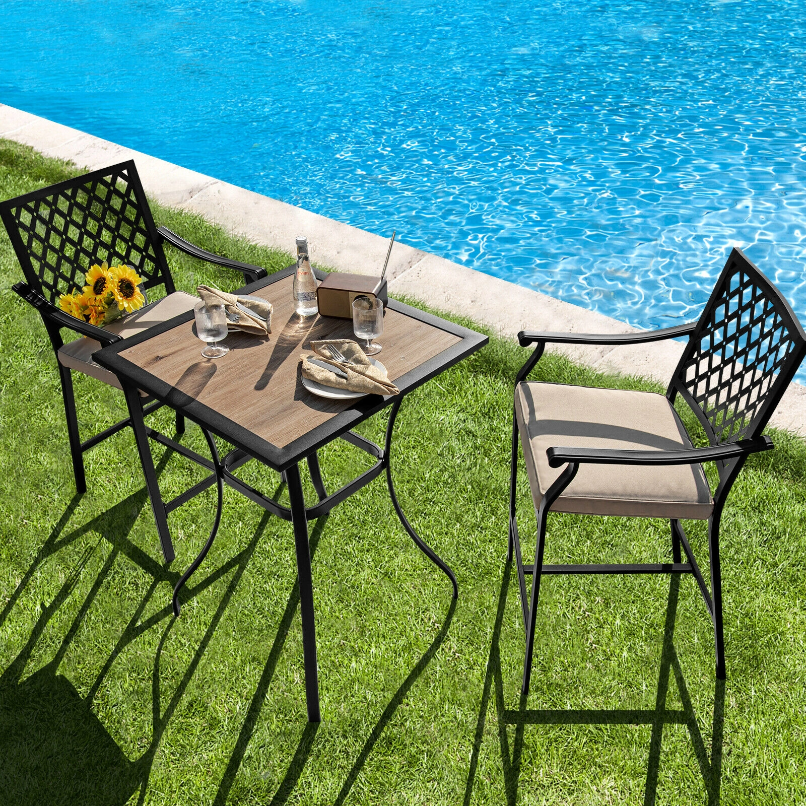 SUGIFT 2-Piece Outdoor Patio Bar Stool Set with Cushions and Armrests 330-lb Capacity 43-in Height Black Beige
